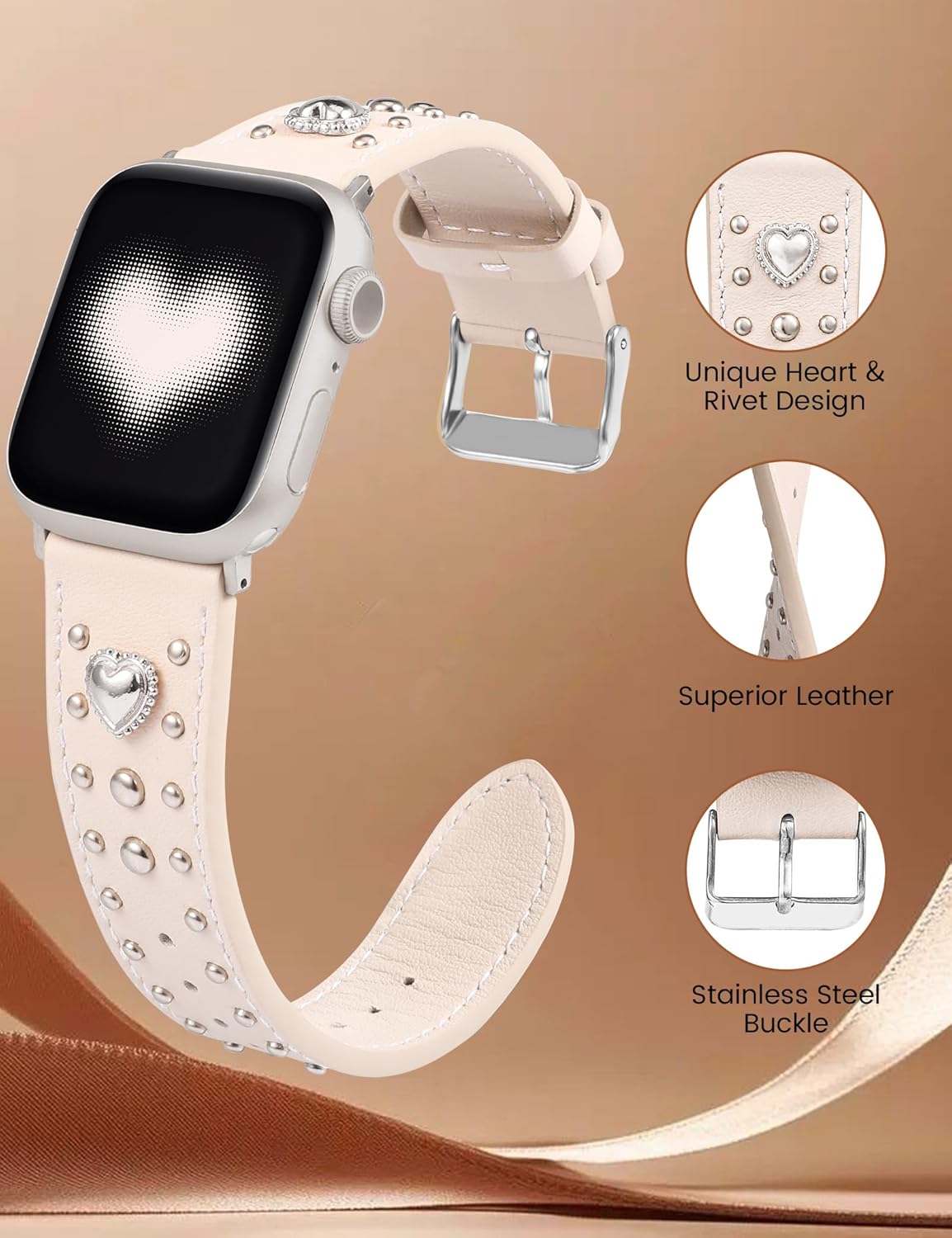 Wearlizer Leather Band Compatible with Apple Watch Bands Women 42/46/38/40/41/44/45/49mm, Dressy Fancy Designer Pretty Heart Charms Studded Strap for iWatch Series 11 10 9 8 7 6 5 4 SE/Ultra 3 2 1