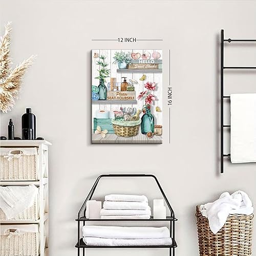 Miniatura 5 de Decoración de pared de baño verde azulado, arte de pared en lienzo para relajarse, arte de pared de baño, tarro rústico de albañil, flor y mariposa,