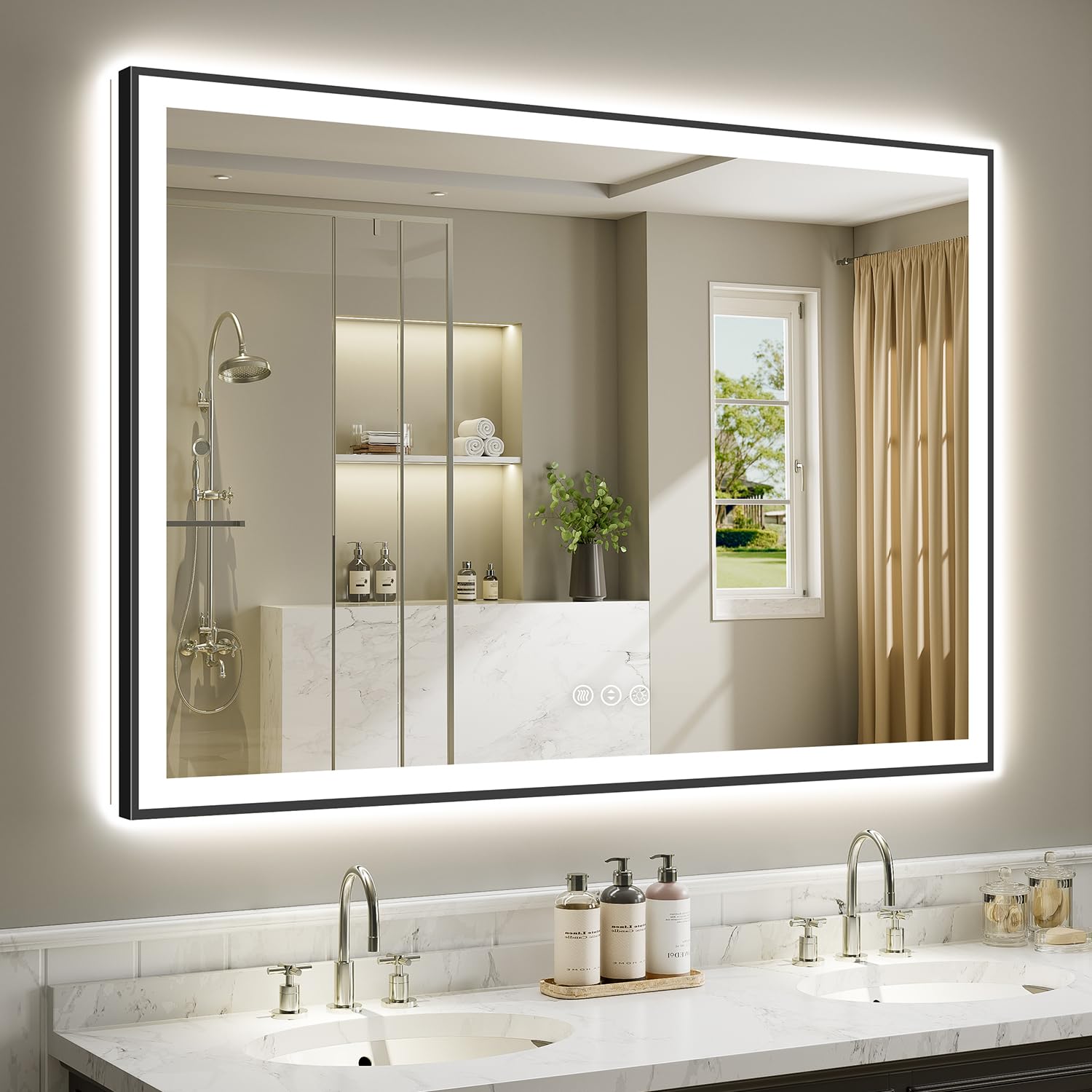 60x40 LED Bathroom Mirror with Lights, Black Framed Lighted Mirror