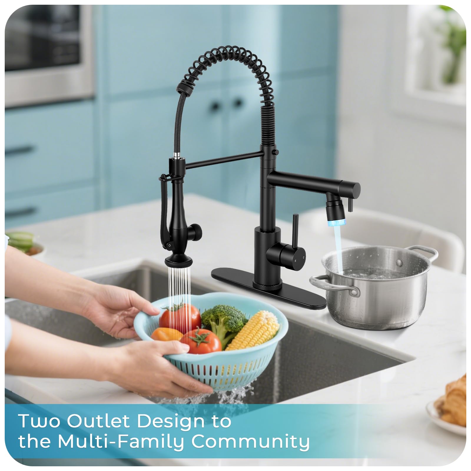 Rubinetto da cucina a LED con spruzzatore estraibile, nero opaco, maniglia singola, rubinetti da cucina commerciali, 2 beccucci in acciaio inox a molla estraibile rubinetto per lavello da