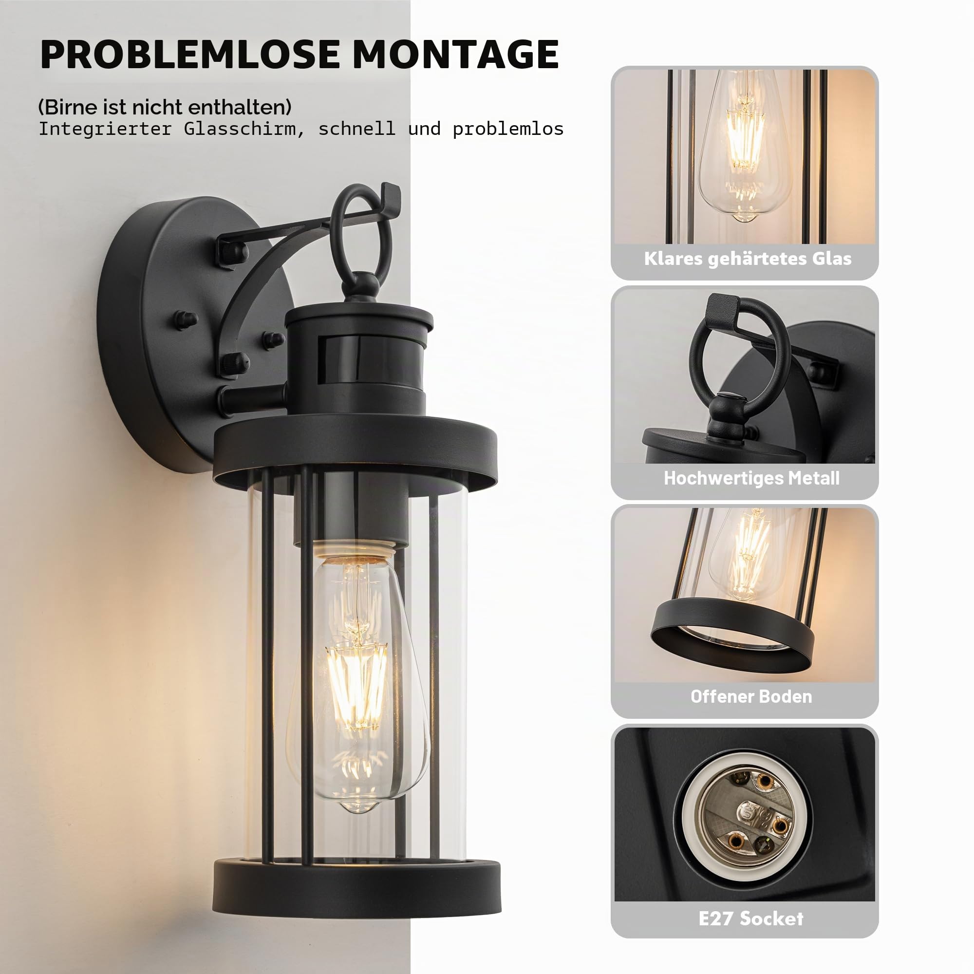 FTL Außenlampe mit Bewegungsmelder, Modern 3 Beleuchtungsmodi Lampe mit Bewegungsmelder Aussen, Wasserdichtes E27 Außenwandleuchte, Ausenbeleutung Hauswand für Terrasse, Veranda, Mattschwarz