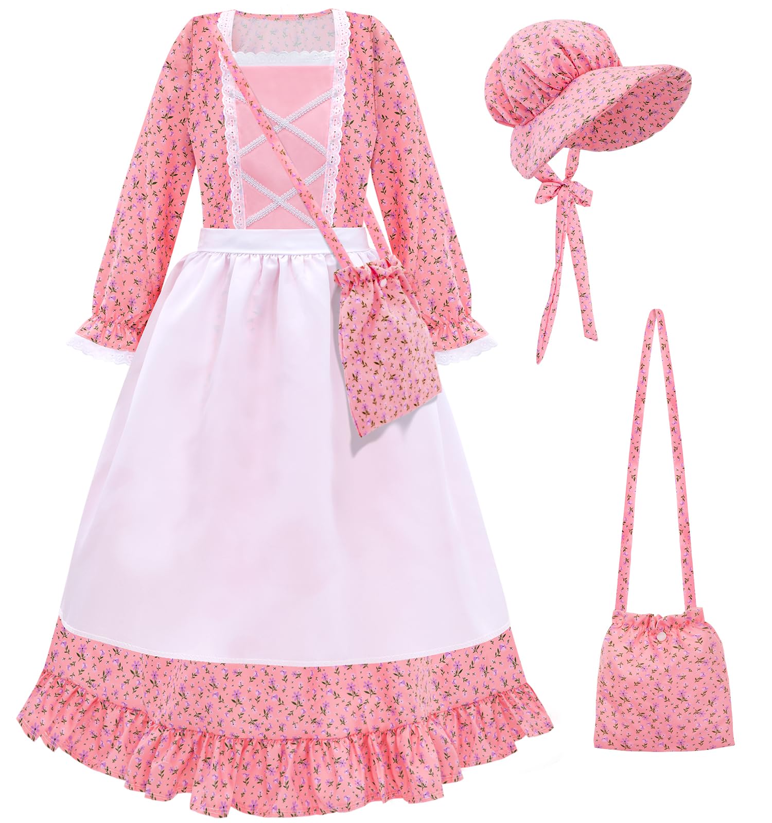 Meland Pioneer Girl Dress, Colonial Costume for Girls Age 3-12 Year Old for Dress Up & Pretend Play