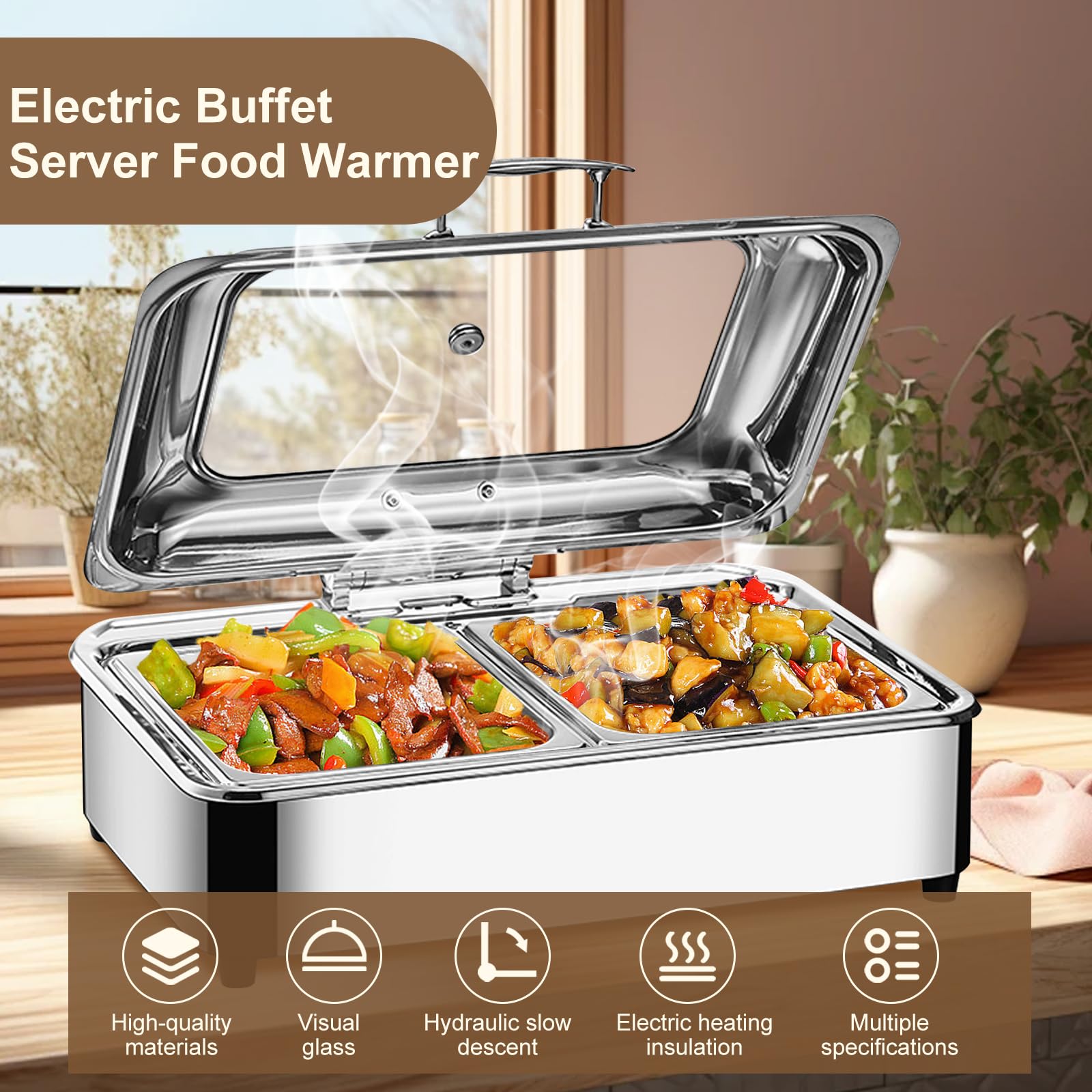 Chafing Dish Elettrico, Scaldavivande Elettrico Professionale, Scaldavivande Elettrico Catering con Coperchio Trasparente, Scalda Cibo per Buffet, Temperatura Regolabile 35-85℃ (1/2)