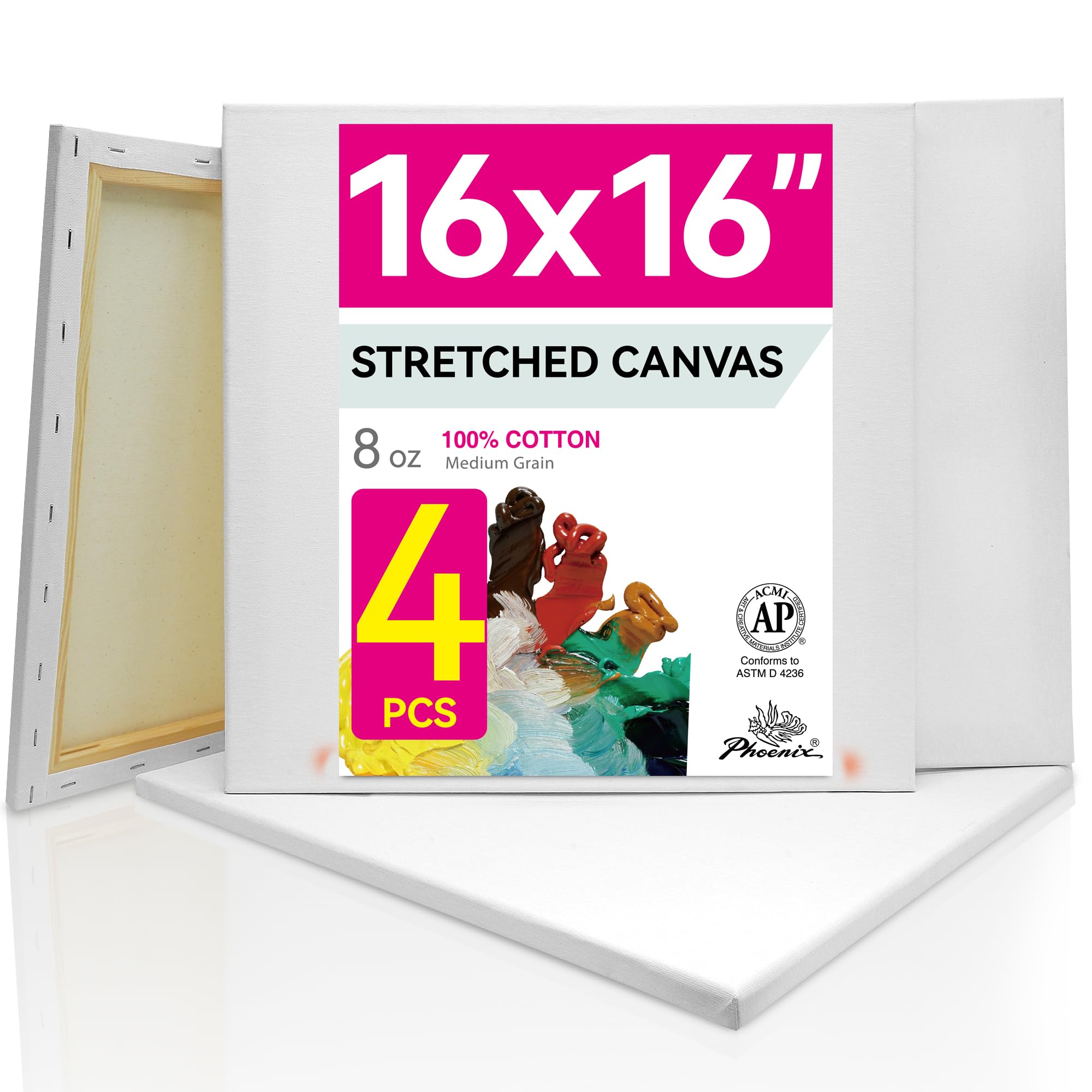 PHOENIX Stretched Canvas for Painting 16x16 Inch/4 Value Pack, 8 Oz Triple Primed 5/8 Inch Profile 100% Cotton White Blank Canvas, Square Framed Canvas for Oil Acrylic & Pouring Art