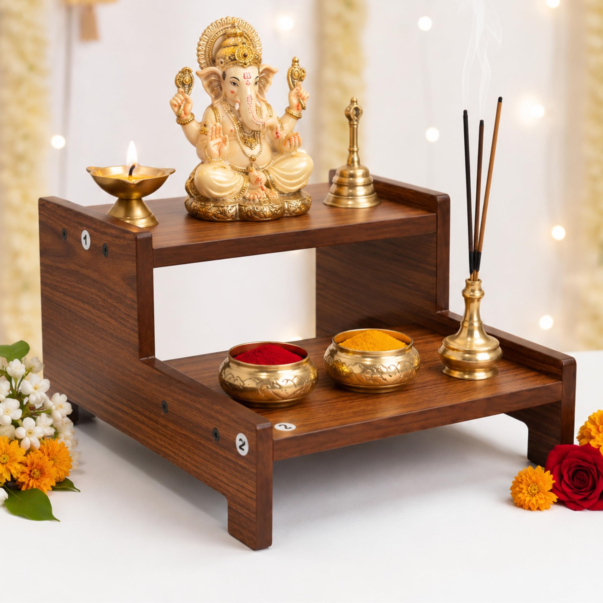 2-Tier Wooden Pooja Stand for Home Temple | MDF Laminated Mandir Shelf | Pooja Chowki for God Idol, Diya, Agarbatti & Puja Accessories | Easy DIY Assembly | Brown Wood Finish-image-31