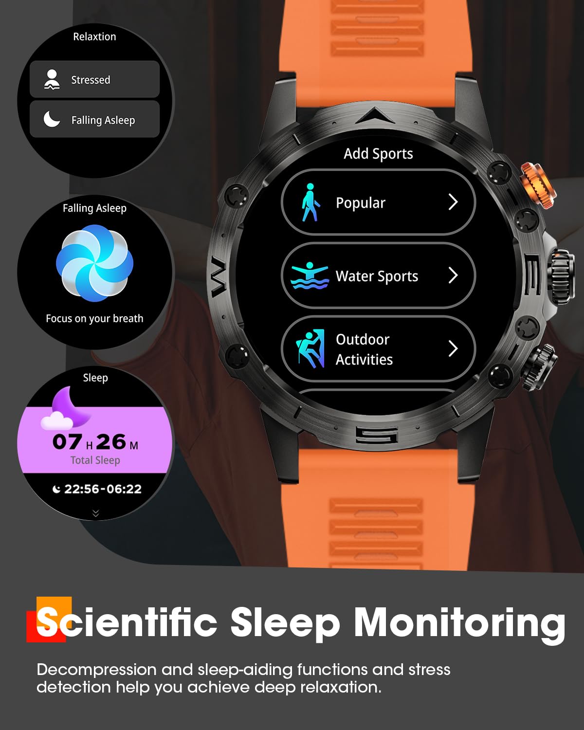 DEKELIFE Smartwatch Uomo con Chiamate, 1.53" IPS Always-On Display Orologio SmartWatch, 124 Modalità Sportive, Corsi di Fitness, 350 mAh IP68 Sonno/Cardiofrequenzimetro SpO2 Android iOS Nero Arancione