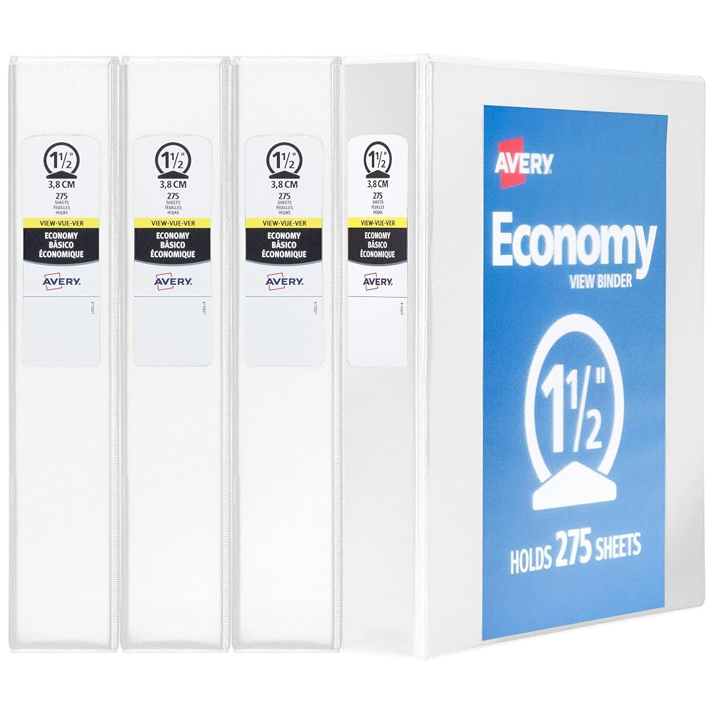 Avery® Standard View 3 Ring Binders, 1.5" Round Rings, White, Pack of 4