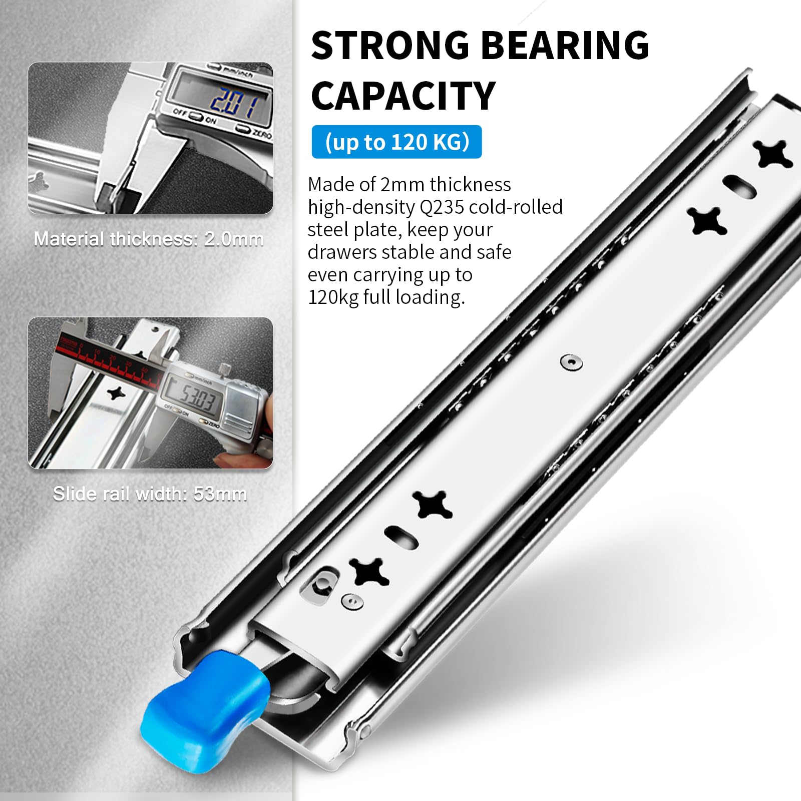 QWEZIX with Lock Heavy Duty Drawer Runners Slides Full Extension 300 350 400 450 500 550 600 650 700 750 800 900 1000 mm Side Mount Ball Bearing Track Guide Glides 115 KG 1 Pair (Width:53mm,400mm) - Image 3