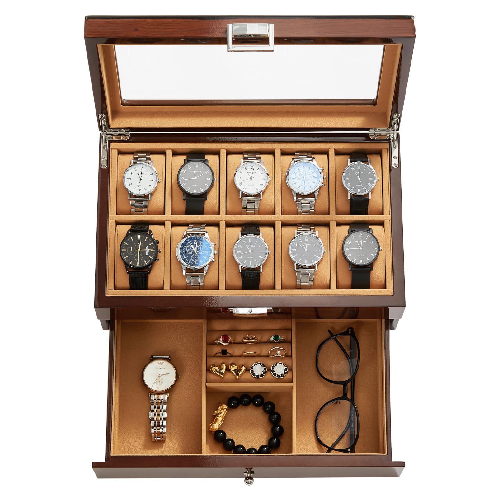 Homruilink 10-Slot Wooden Watch Box, Wood Watch Case with Drawer, Watch Display Box with Glass Lid, 2-Layer Watch Holder for Jewelry and Watch Storage for Men Women, Father's Day Gifts