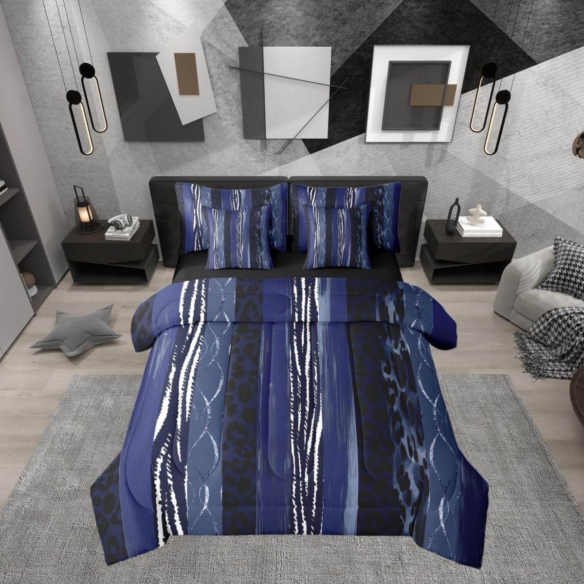 Erosebridal Ombre Black Grey Leopard Print Comforter Set Queen Size 7 Pieces | Cheetah Fur Bed in A Bag Animal Skin Pattern Bed Set Women Men Adults Bedding