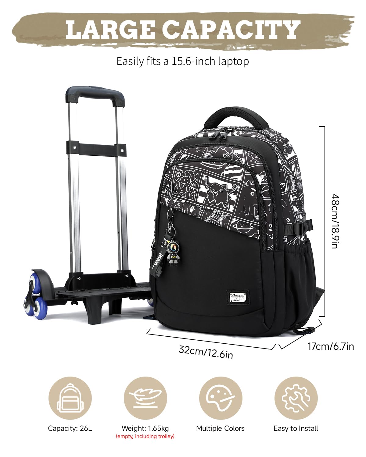 Zaino con Ruote per Ragazzi Adolescenti, 26L Zaini Scuola Trolley Media e Superiore Staccabile, Zaino Ragazzo Impermeabile Nero Graffiti-Daypack da Viaggio con Carrello