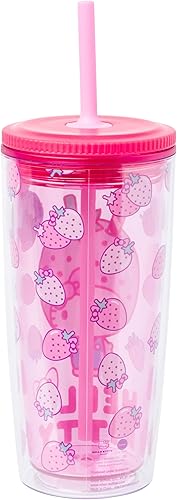 Miniatura 2 de Silver Buffalo Sanrio Hello Kitty - Vaso de plástico con tapa y pajita, diseño de fresas, 20 onzas