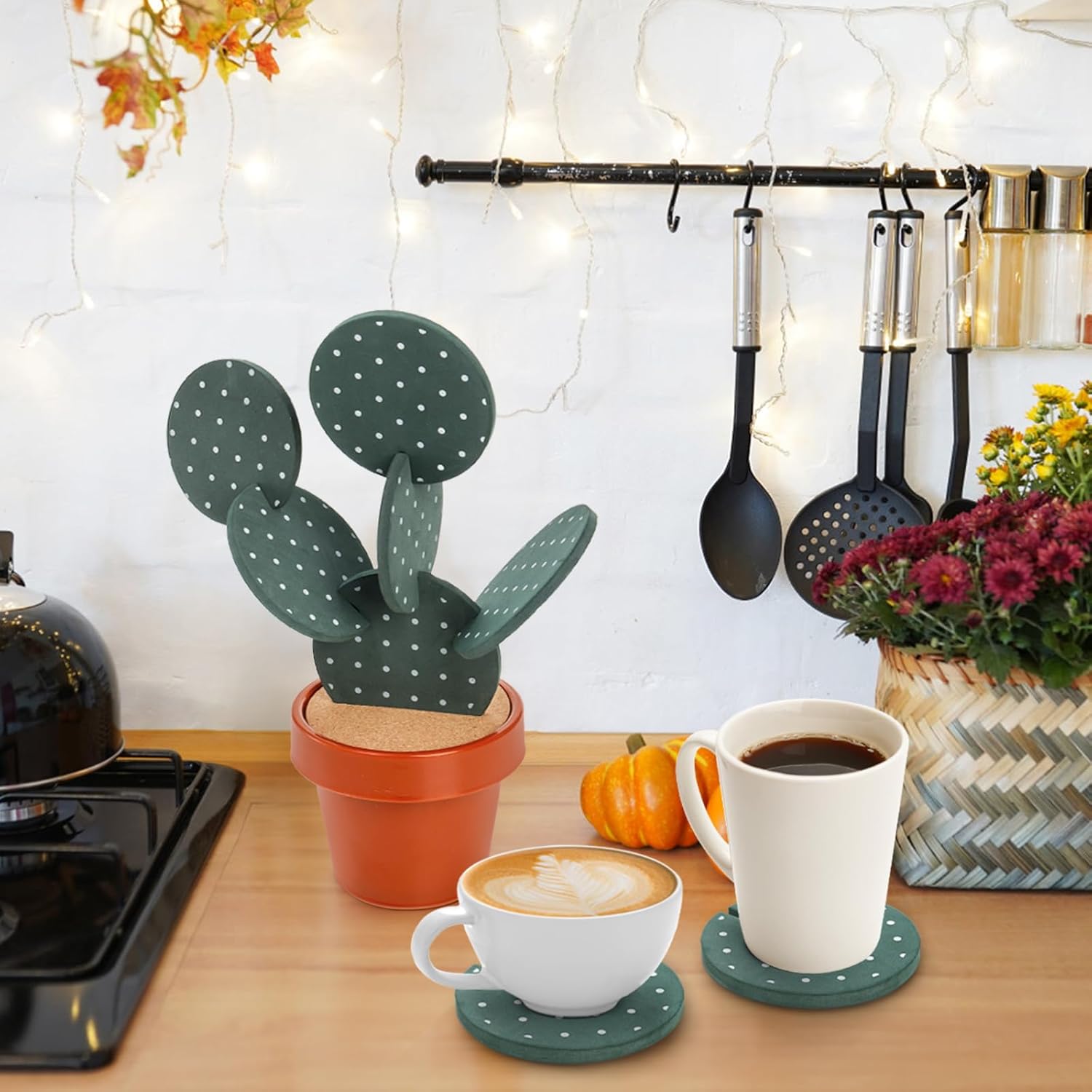 Coloch 12 Pieces Cactus Coasters Set for Drinks, Novelty Coasters with Flowerpot Holder Decorative Table Protection Funny Cactus Gift for Home, Office, Bar Decor