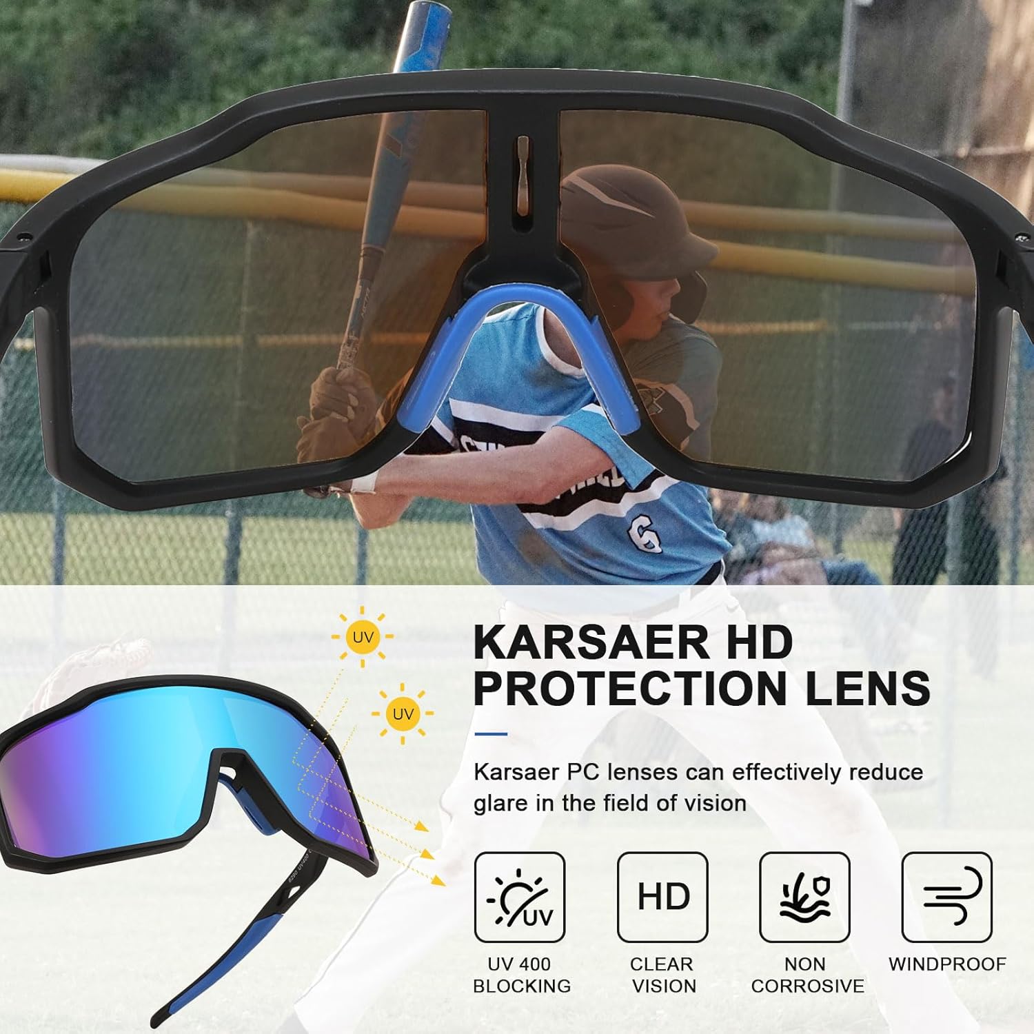 Karsaer Vision Men Women Cycling Sunglasses Baseball Softball Running Sports glasses for Youth Adults Kids Teens Age 8-14 - Image 3