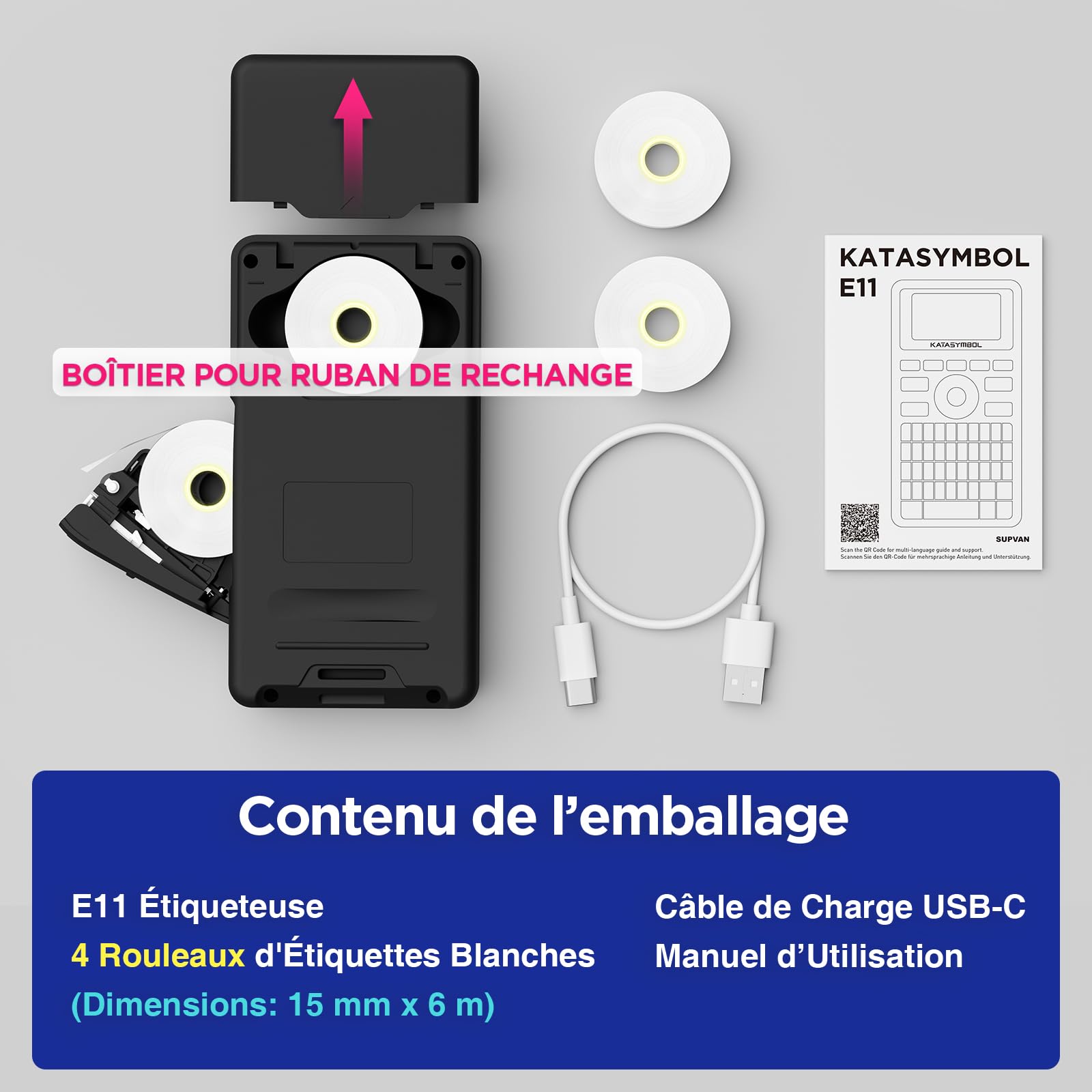 SUPVAN E11 Étiqueteuse Bluetooth avec 4 Rubans, Compatible avec Le Clavier et l'App, Plus de 30 Polices et 660+ Icônes, sans Encre, idéal pour la Maison, la Cuisine, Le Bureau, l'École, Noir