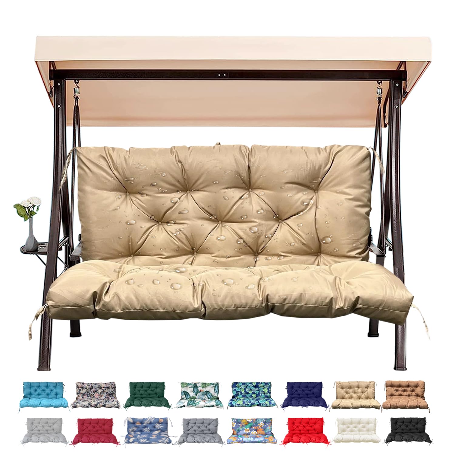 Outdoor Swing Replacement Cushions, 2 or 3 Seats Bench Cushion with Ties, Thicken 4" Recliner Seat Pad for Patio Furniture, Waterproof Premium Tufted Cushion with Backrest(Khaki-47x40x4in)-image-26