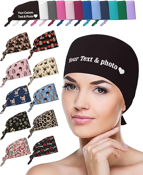 Scrub Caps for Women Men Custom Surgical Cap Personalized Work Hat Customized with Text Photo Logo, Tie Back