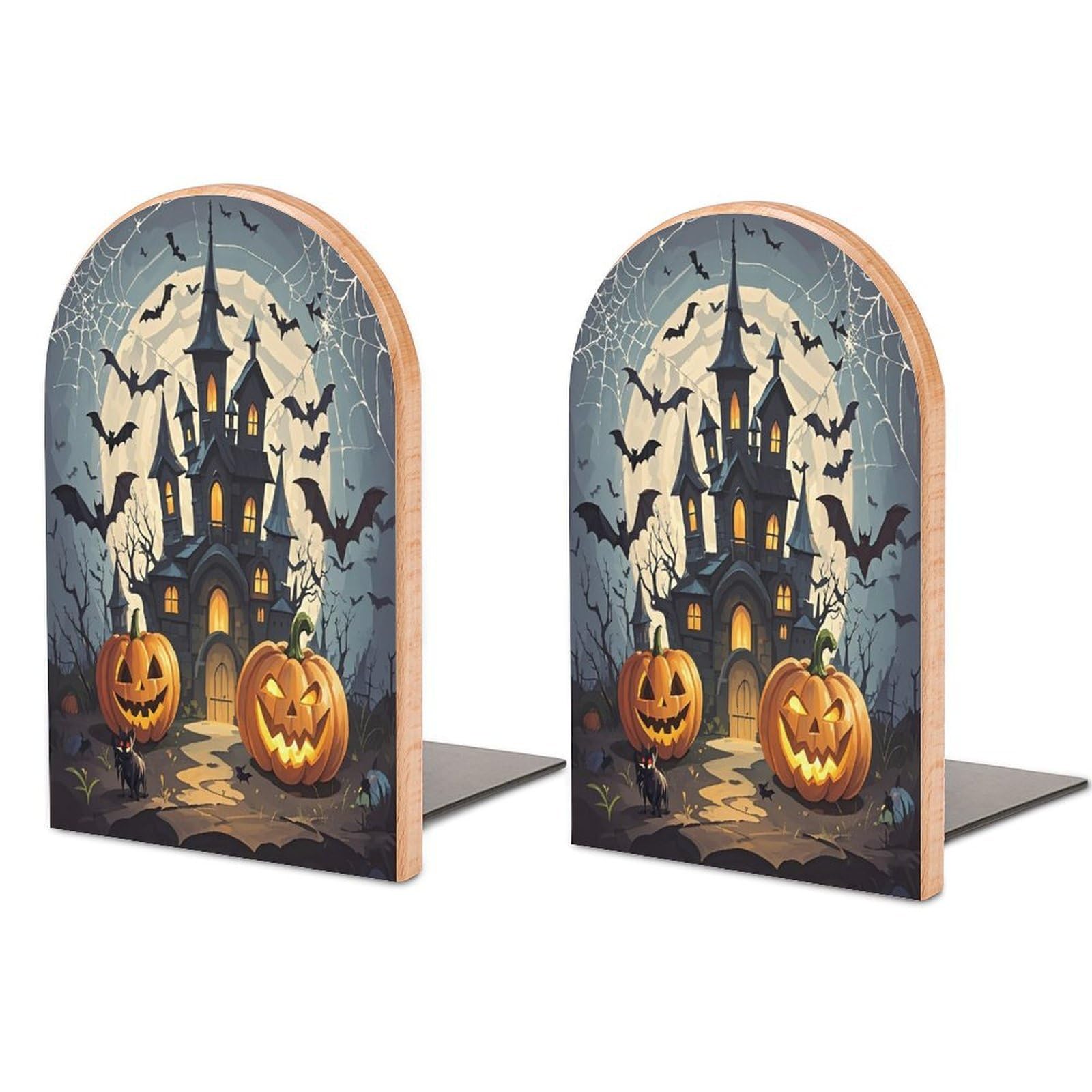 Pumpkin Lantern Castle Bookend for Shelves Unique Book End Sturdy Books Holder Heavy Duty Wooden Bookends Support Non-Slip Book Organizers Decorative Modern Bookend Holder for Home