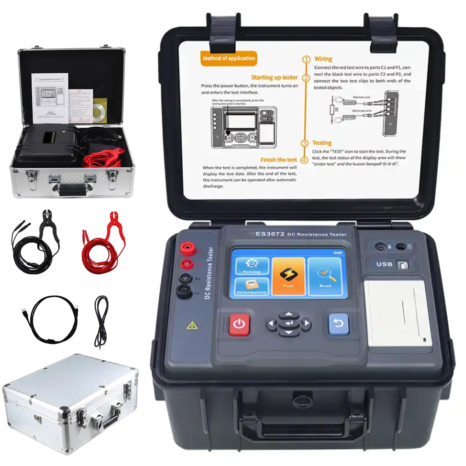 Digital DC Resistance Tester Meter with USB Interface Resistance Range10.0uΩ-1000.0KΩ Short Circuit Current 20A 5-inch Touch Screen for Ground Grid Connection Continuity Testing
