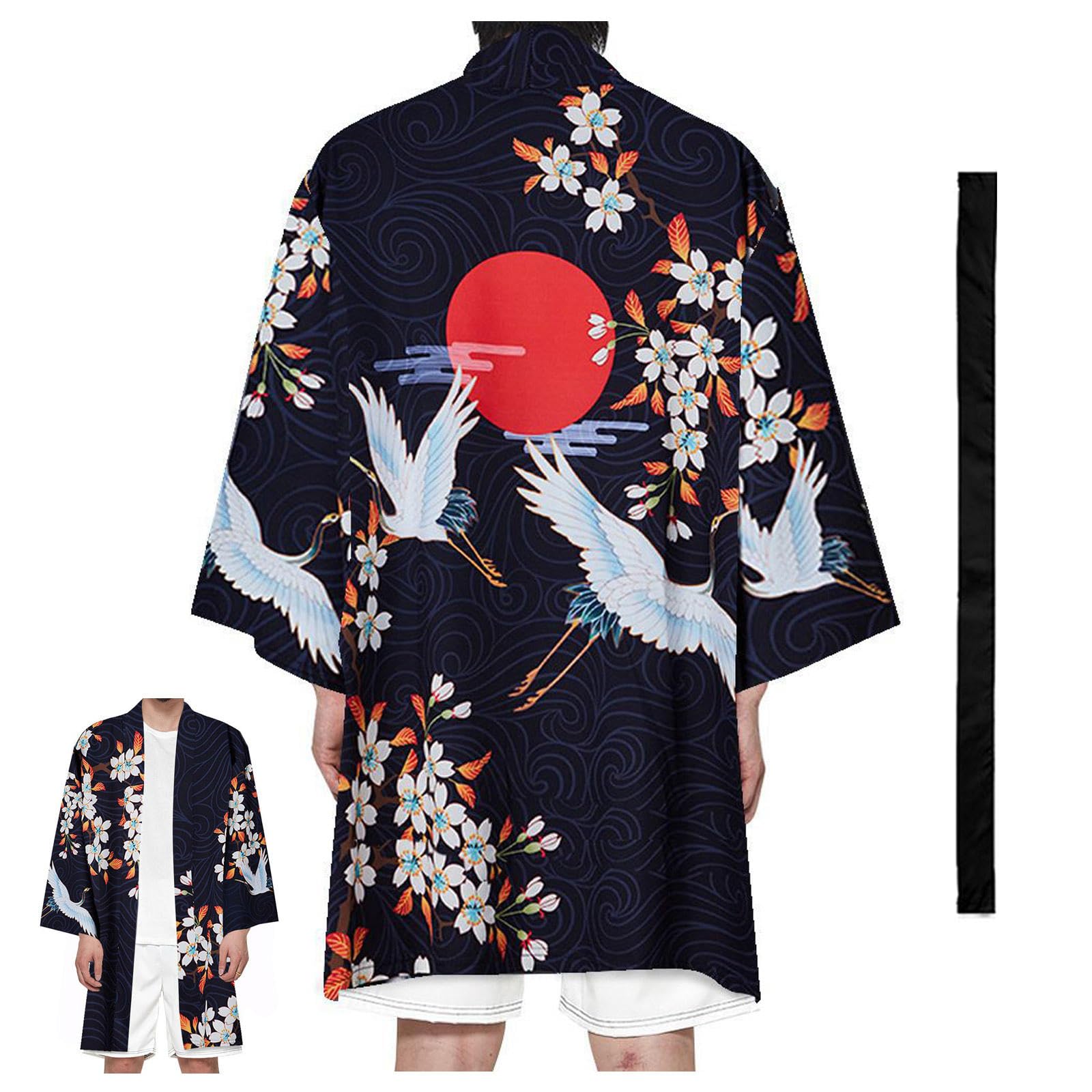 CHUIKUAJ Kimono Cardigan Long for Men Women Lightweight Japanese Kimono Robe Print Plus Size Casual Jacket Bathrobe with Belt,Black-8XL