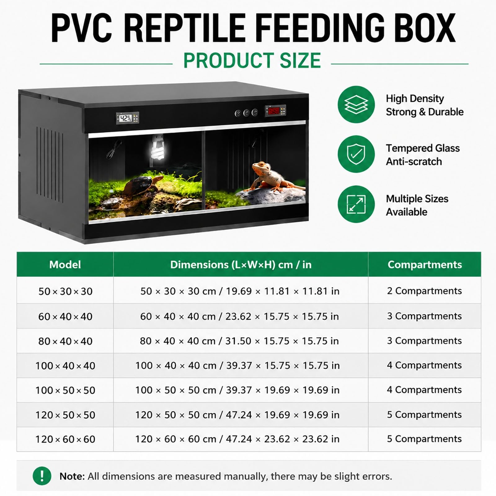 Terrarium dla gadów z podwójnym cyfrowym termostatem PVC, podzielone wiwarium z przesuwnymi drzwiami ze szkła hartowanego, izolowana skrytka hodowlana dla jaszczurek, żółwi(Black,120x60x60)