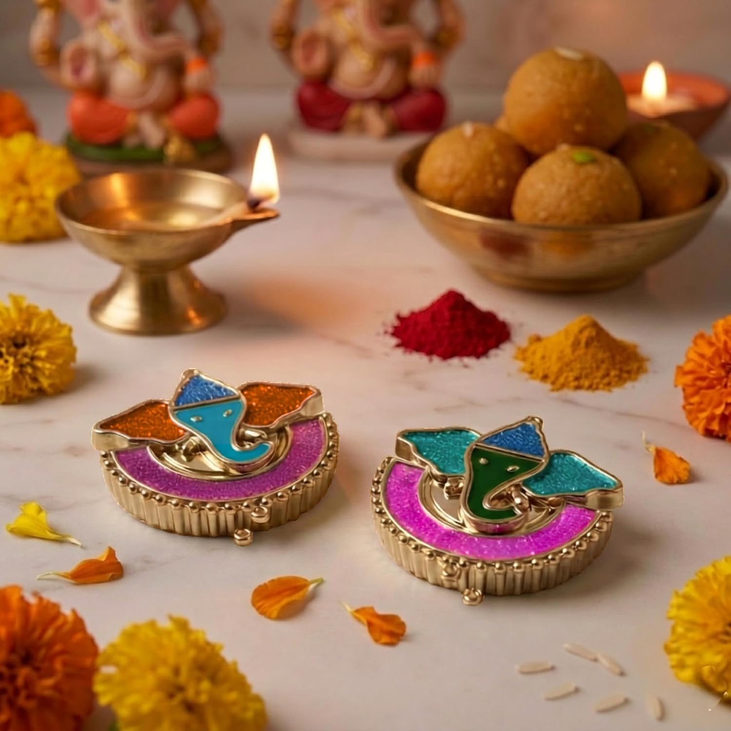 LOVENSPIRE Decorative Ganesha Acrylic Haldi Kumkum Holder for Pooja Thali – Wedding & Housewarming Favors, Festival Items & Indian Return Gifts Design 4/5 Pack image 2