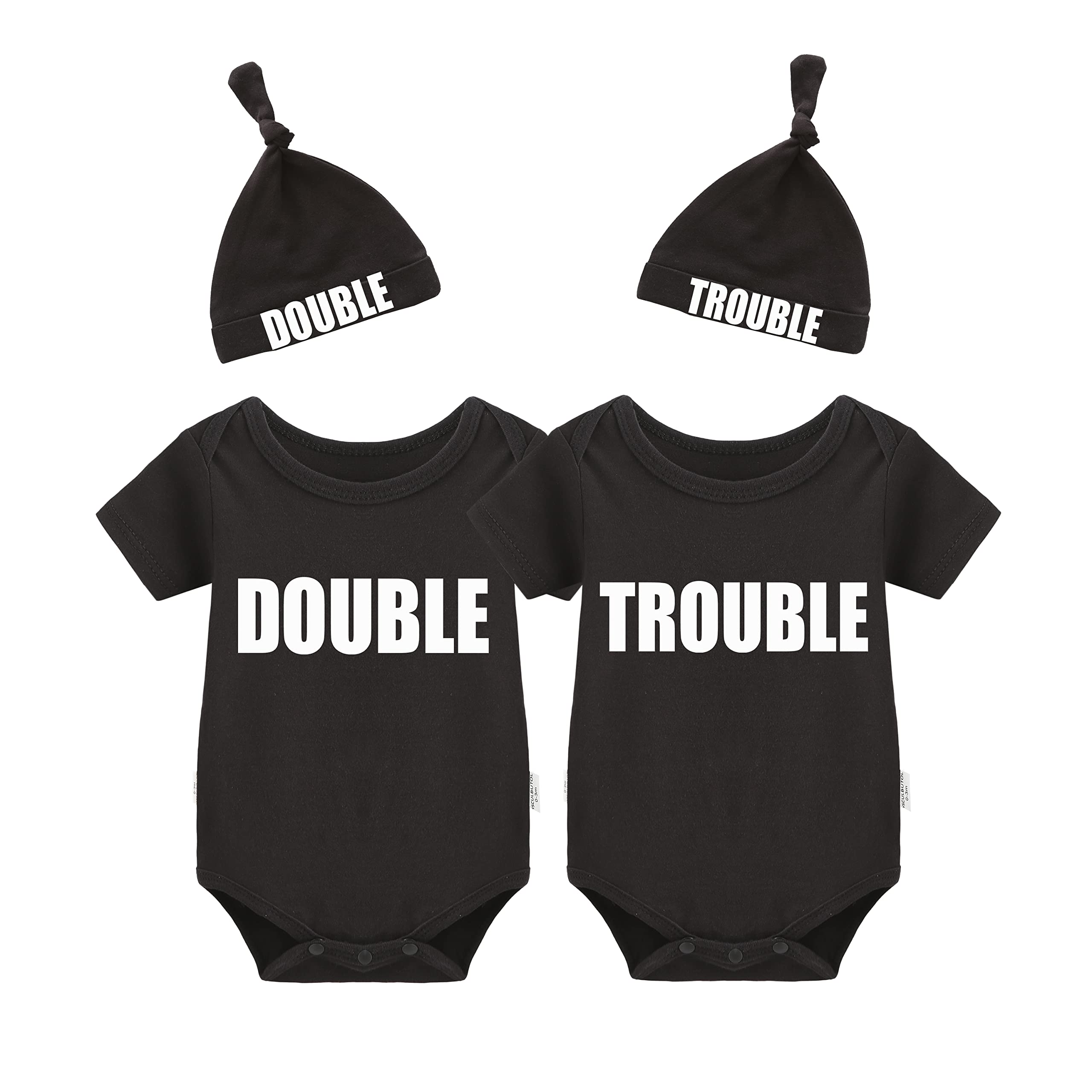 YSCULBUTOL Baby Twins Bodysuits Funny Double Trouble Cute Girl Romper Twin Jumpsuits Hat Set