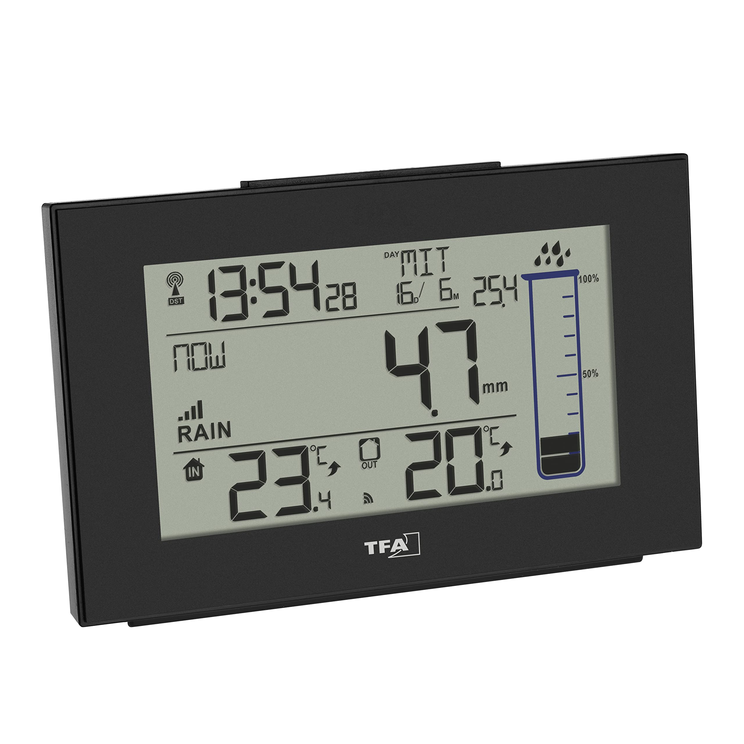 TFA Dostmann Splash 47.3006.01 - Pluviómetro Digital inalámbrico para jardín, con autodrenaje, Color Negro