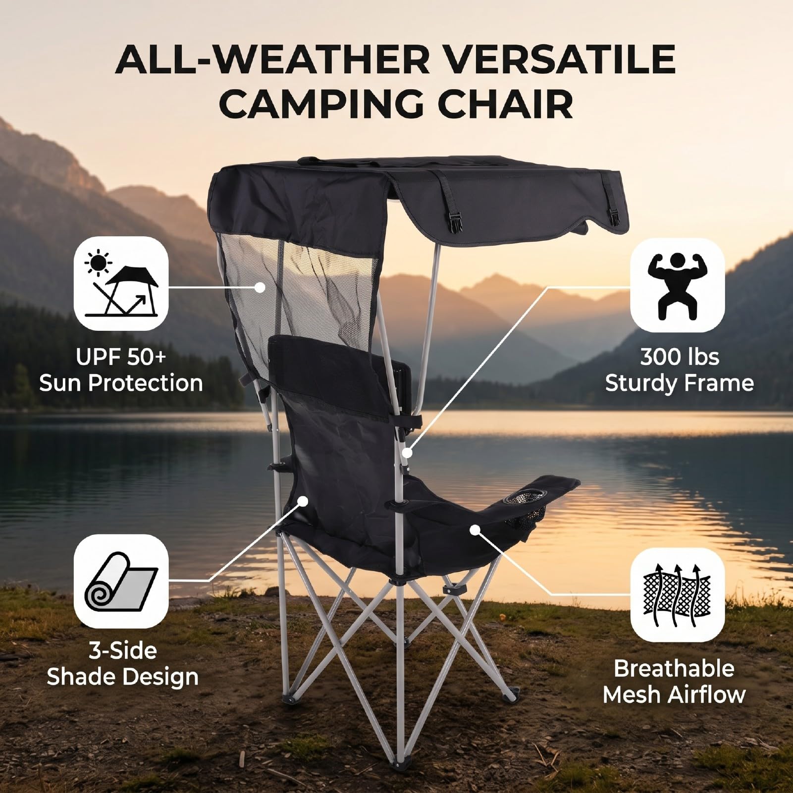 Folding Camping Chair with Shade, 300 LB Capacity