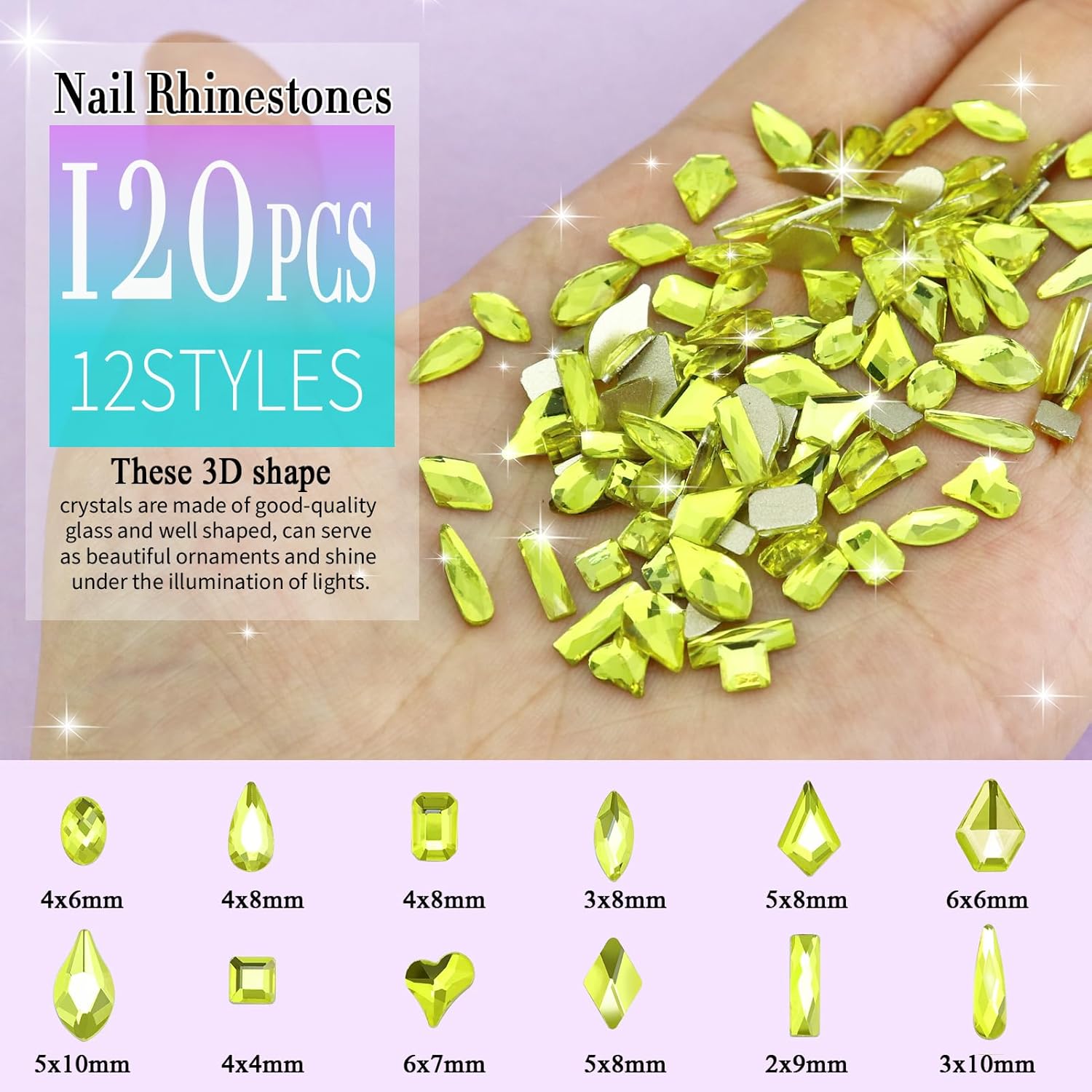 Dowarm 3200PCS Nail Art Rhinestones, Citrine/Yellow Flatback Rhinestones for Nails, Crafts, 12 Styles 3D Glass Crystal Nail Gems, Glitter Diamond - Image 2