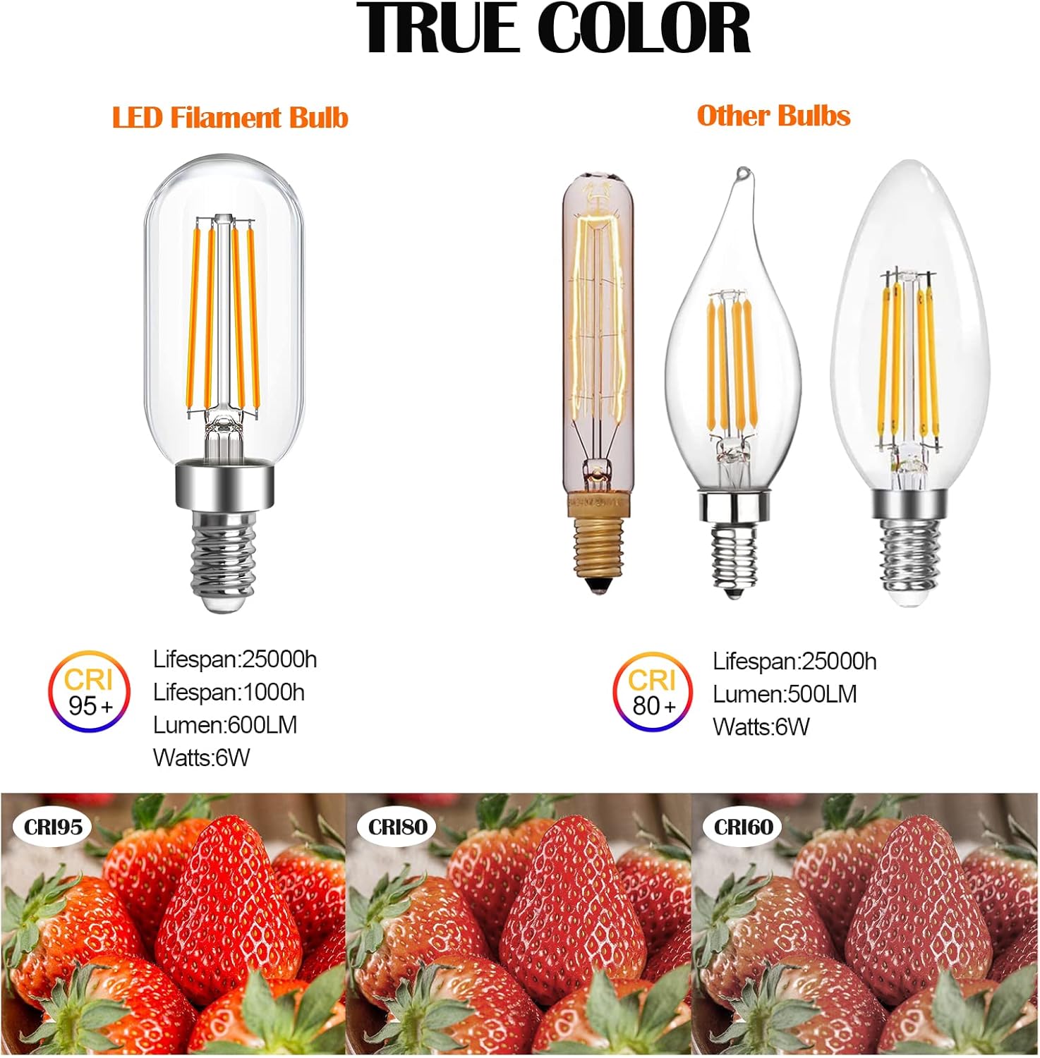 E12 LED Light Bulb 6W Dimmable 60W Equivalent 6-Pack, T6 T25 E12 Candelabra Bulb 600LM LED Filament Bulbs 2700K Warm White with Clear Glass for Chandeliers, Ceiling Fan,Pendant,Wall Sconce,CRI 95+