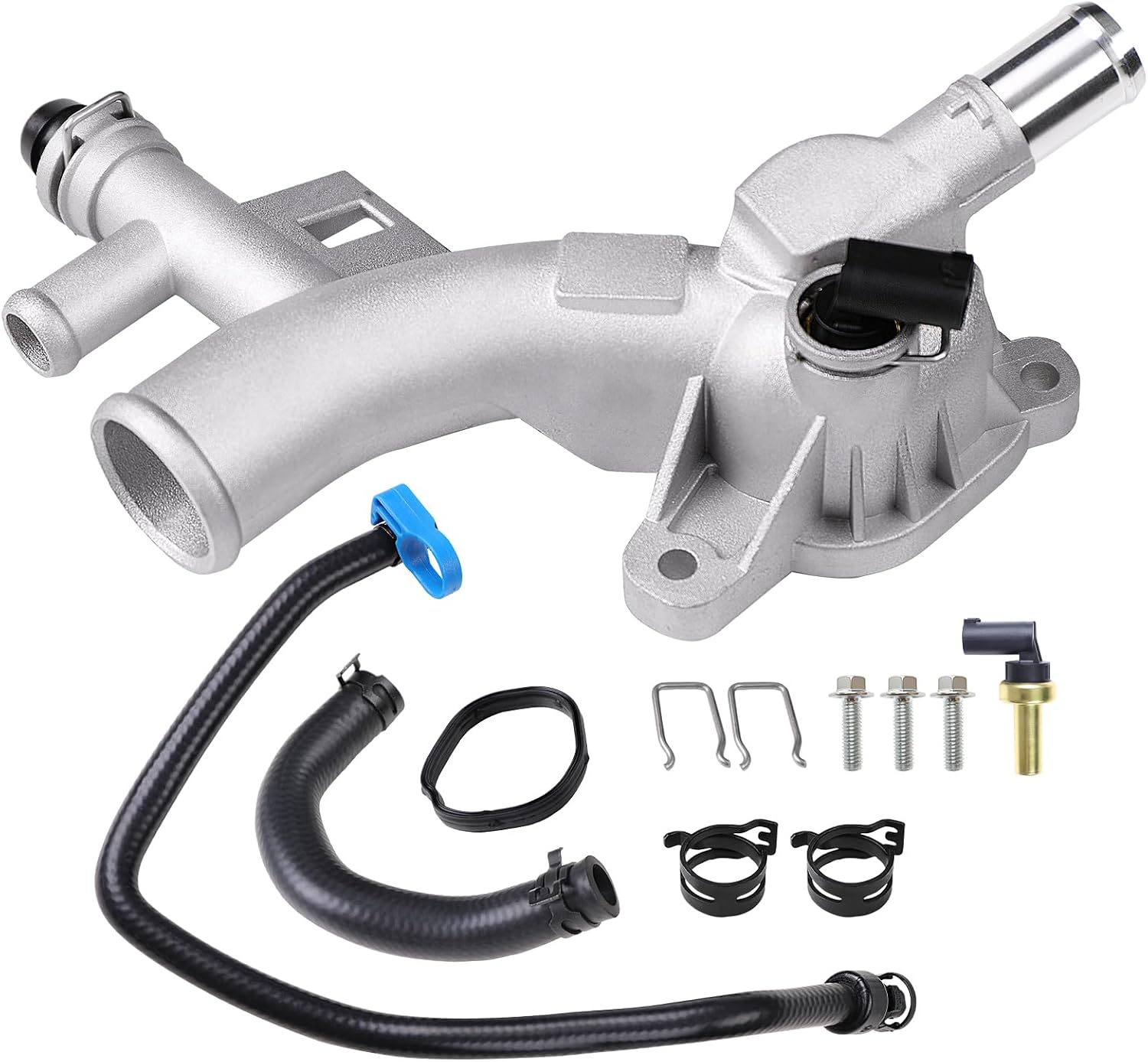 Upgraded Aluminum Engine Thermostat Housing Kit Compatible with Chevy Cruze Sonic Trax, Buick Encore 1.4L Turbo - Includes Hose & Sensor - Replaces 25193922