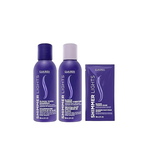 Clairol Professional Shimmer Lights - Champú y acondicionador morado, con máscara de tonificación violeta, paquete de tamaño de prueba Neutraliza