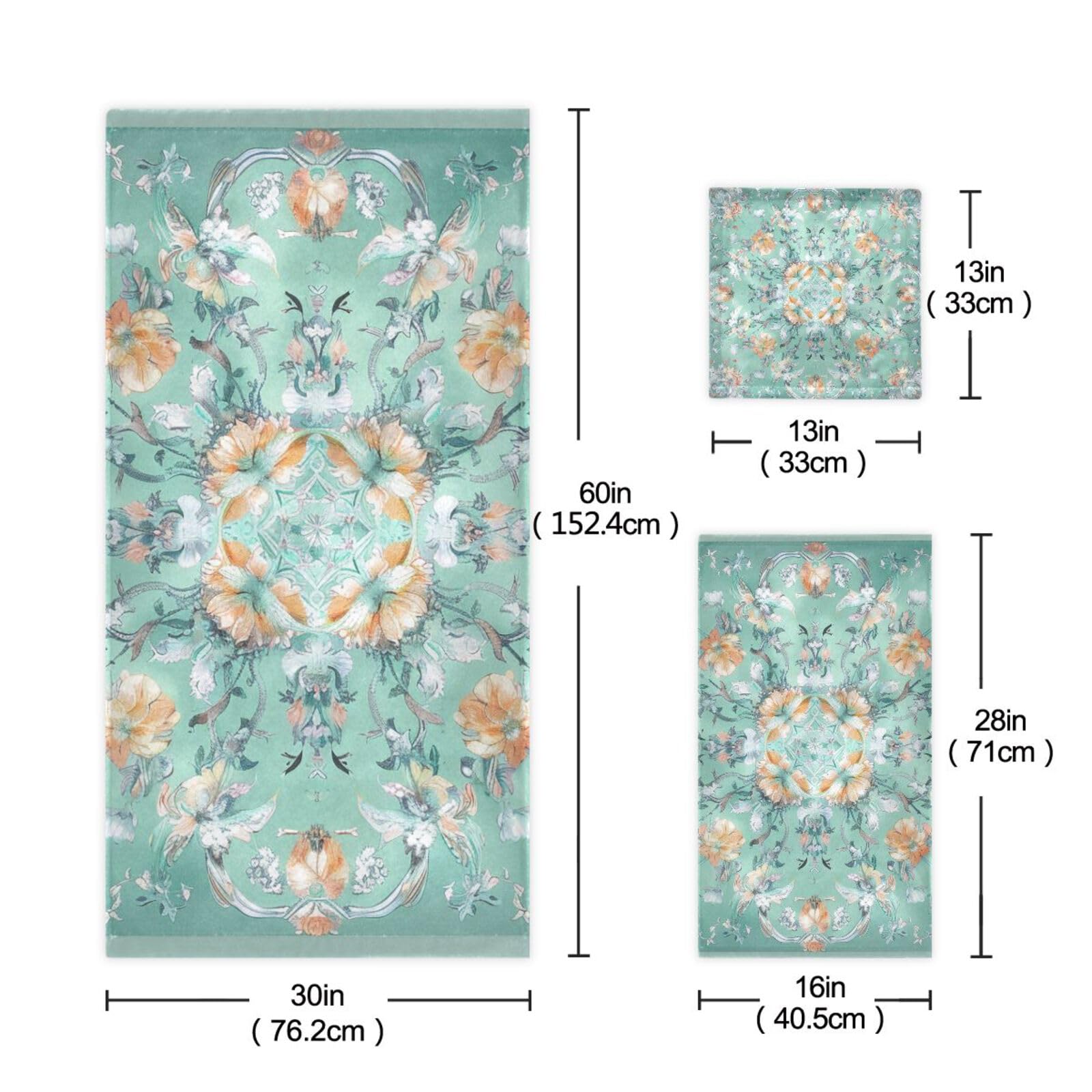 Set di 3 asciugamani morbidi in stile bohémien con fiori e fiori verdi, 1 asciugamano da bagno, 1 asciugamano per mani, 1 panno per la casa, cucina e famiglia