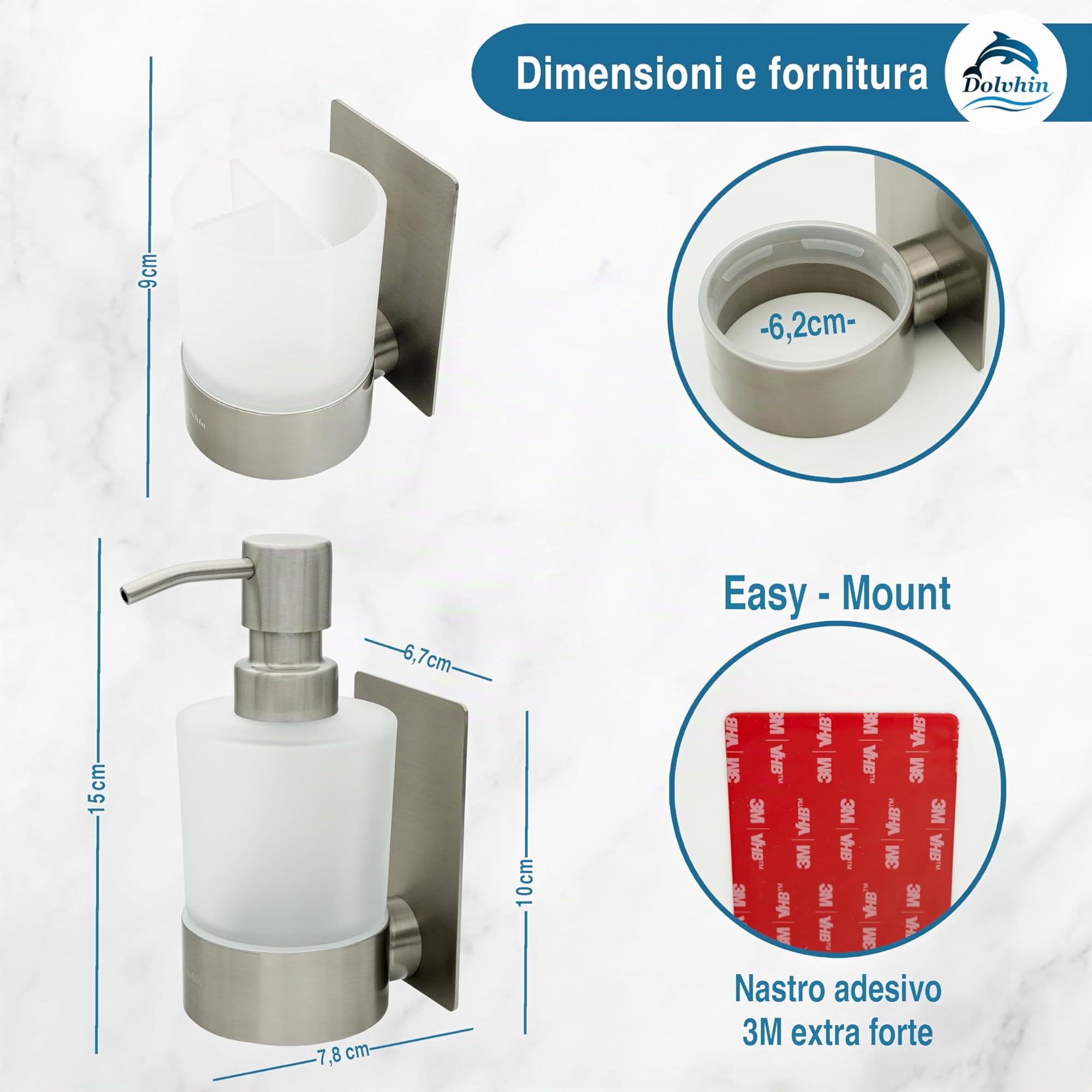 Set Dispenser Sapone e Bicchiere Bagno | Dosatore Liquido & Portaspazzolino Vetro Satinato | Supporto Inox Senza Forare | Dispenser Adesivo da Parete | Set Accessori Bagno | Grigio Argento