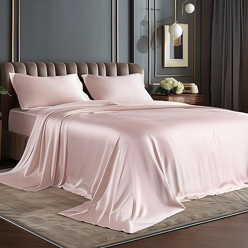 BEDELITE Satin Sheets Twin Size Bed Set, Luxury Soft Pink Silky Sheets for Hair and Skin, Similar to Silk Bed Sheets Set 3 Pieces with 1 Deep Pocket Fitted Sheet, 1 Flat Sheet, and 1 Pillowcase - Twin - Pink