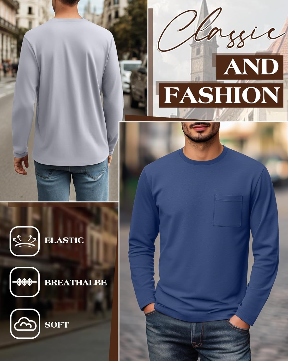 3 Pack Men's Big and Tall Long Sleeve Shirts, Crew Neck Slim Fit Pocket T Shirts Casual Basic Athletic Tops - Image 3