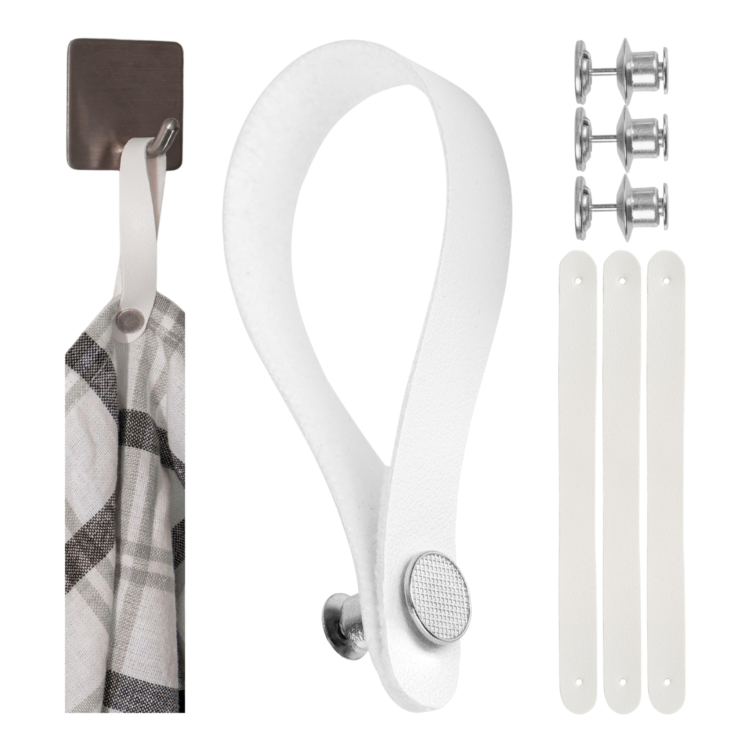No-sew hangers for textiles, 4 pack, 150 x 12 mm loops, in white, made of PU leather, with pin and button fastening, hanger tabs for tea towel, bath towel, cloth, decorative items, camping