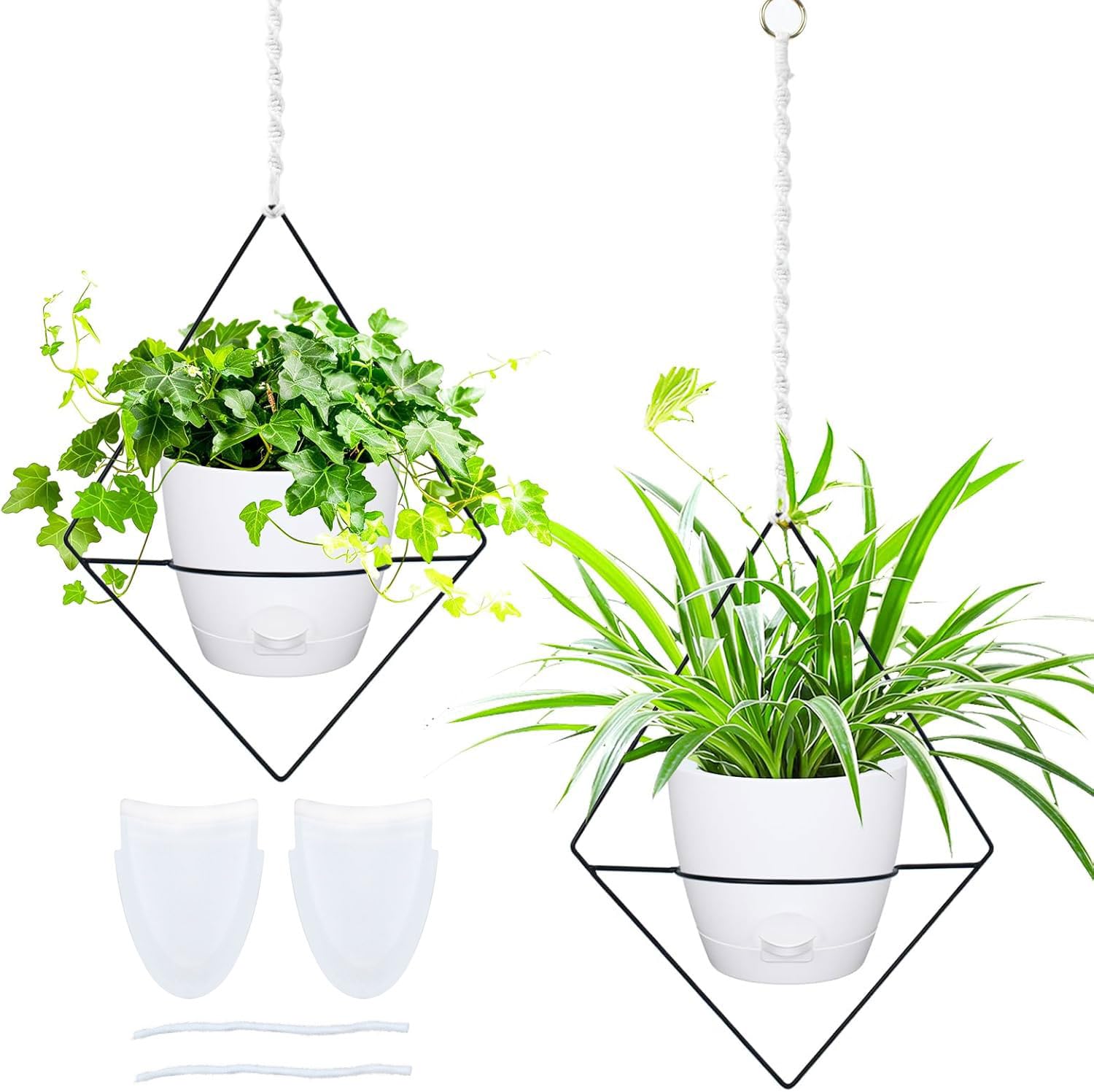 2 Set Self Watering Hanging Flower Pots and Absorption Rope/Watering Lip Bundled Product