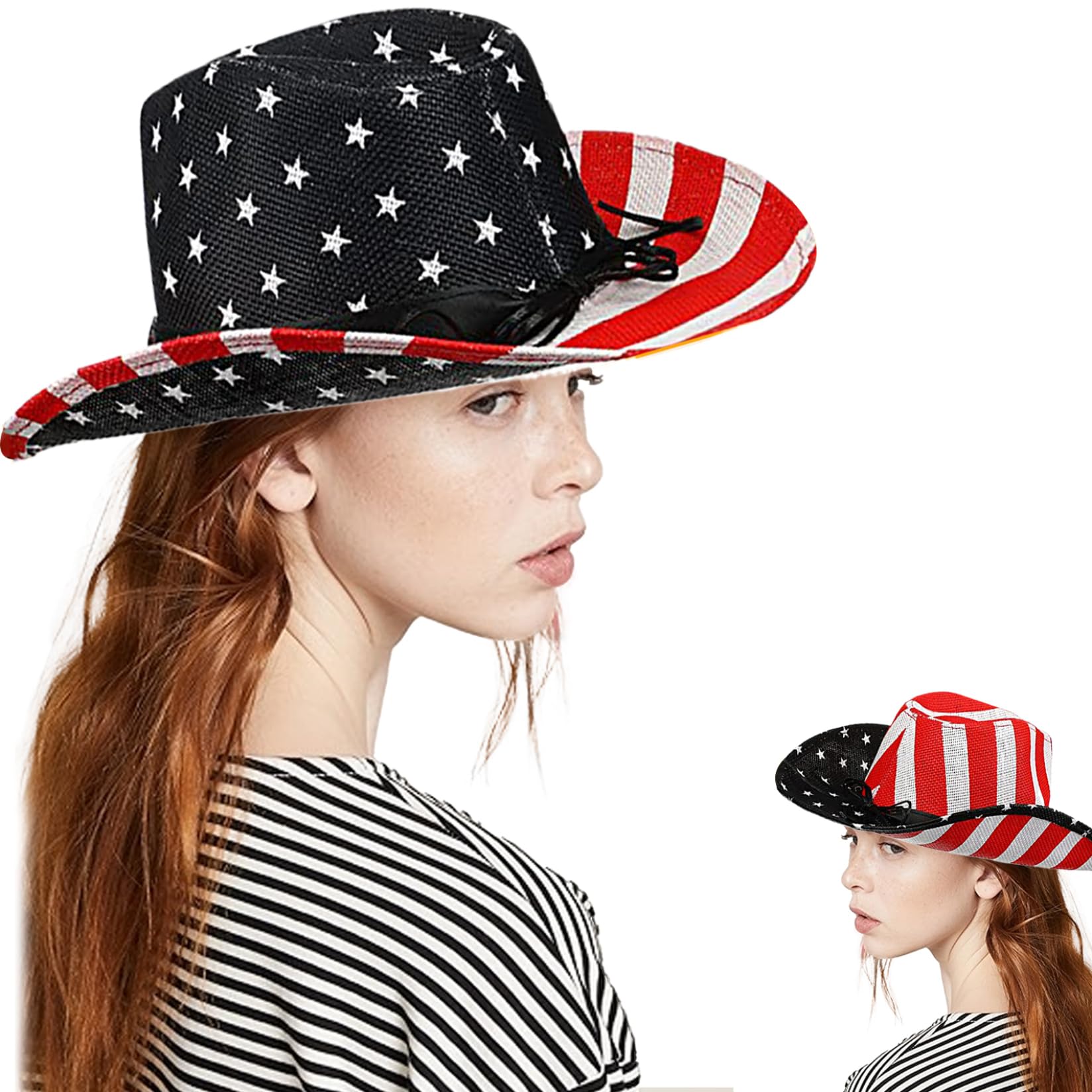 Awnsimfreien Unisex Kids 1Pc Cow Boy Hat, Patriotic Cowboy Hat 4Th Of July Independence Day American Flag Cowgirl With Chin Strap Wide Brim Sunproof Travel Cow Boy For Men Women, Cowgirl