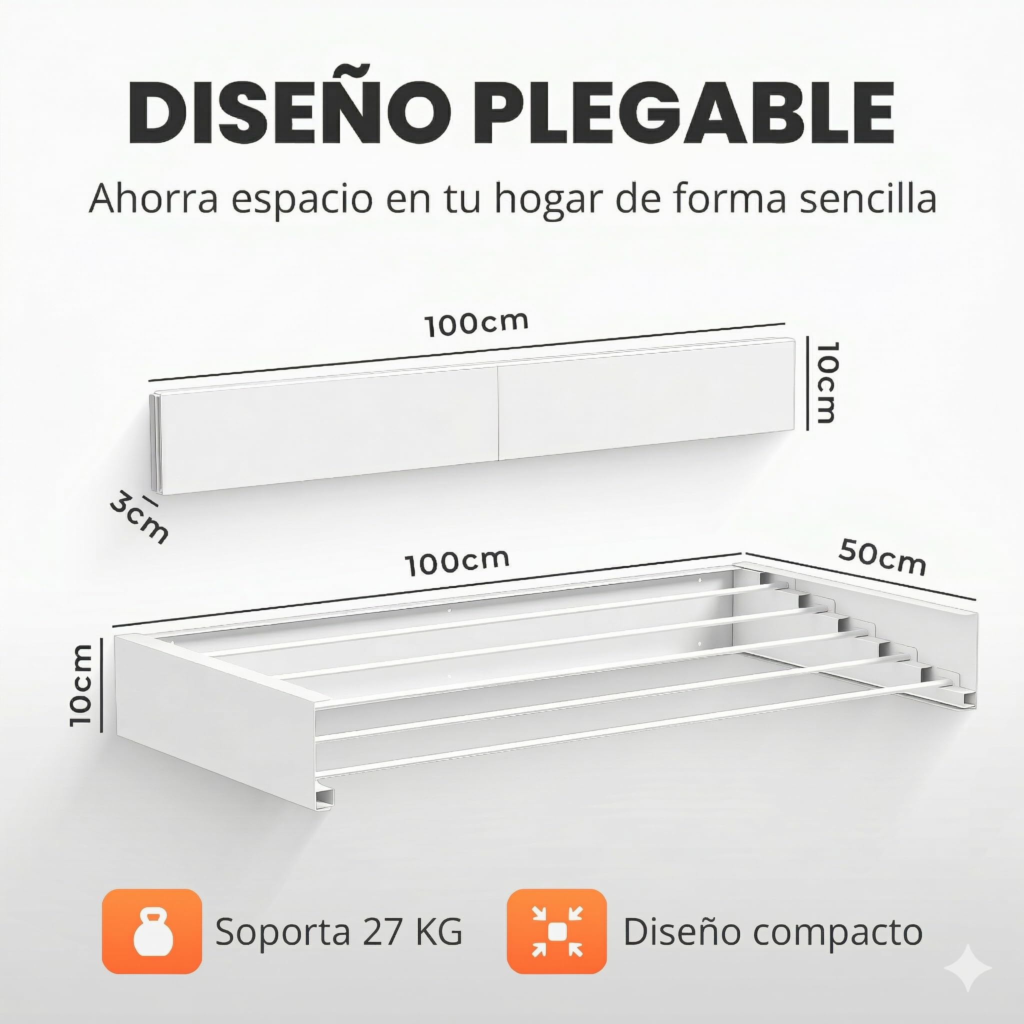 JUPPLIES Tendedero Extensible Pared Plegable - Tendedero Retráctil Invisible con 5 Barras de Aluminio para Interior o Exterior - Ahorra Espacio con Diseño Compacto (Blanco, 100)