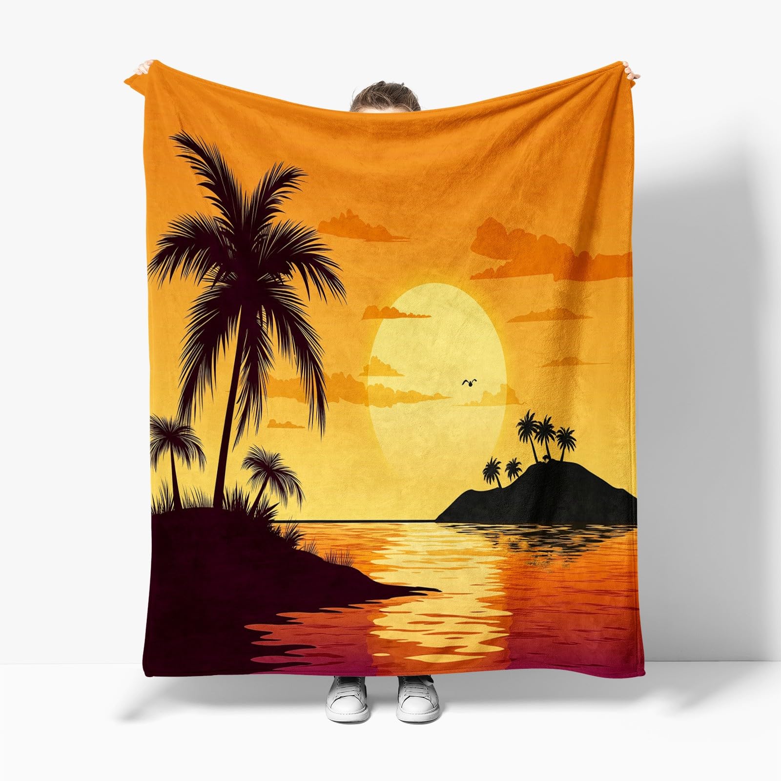 Genérico Manta Franela para Cama Isla Puesta De Sol Palmeras 220x240 cm Manta para Sofá, Suave, Cálida, Transpirable, Manta de Microfibra Multiusos para Viajes y Camping