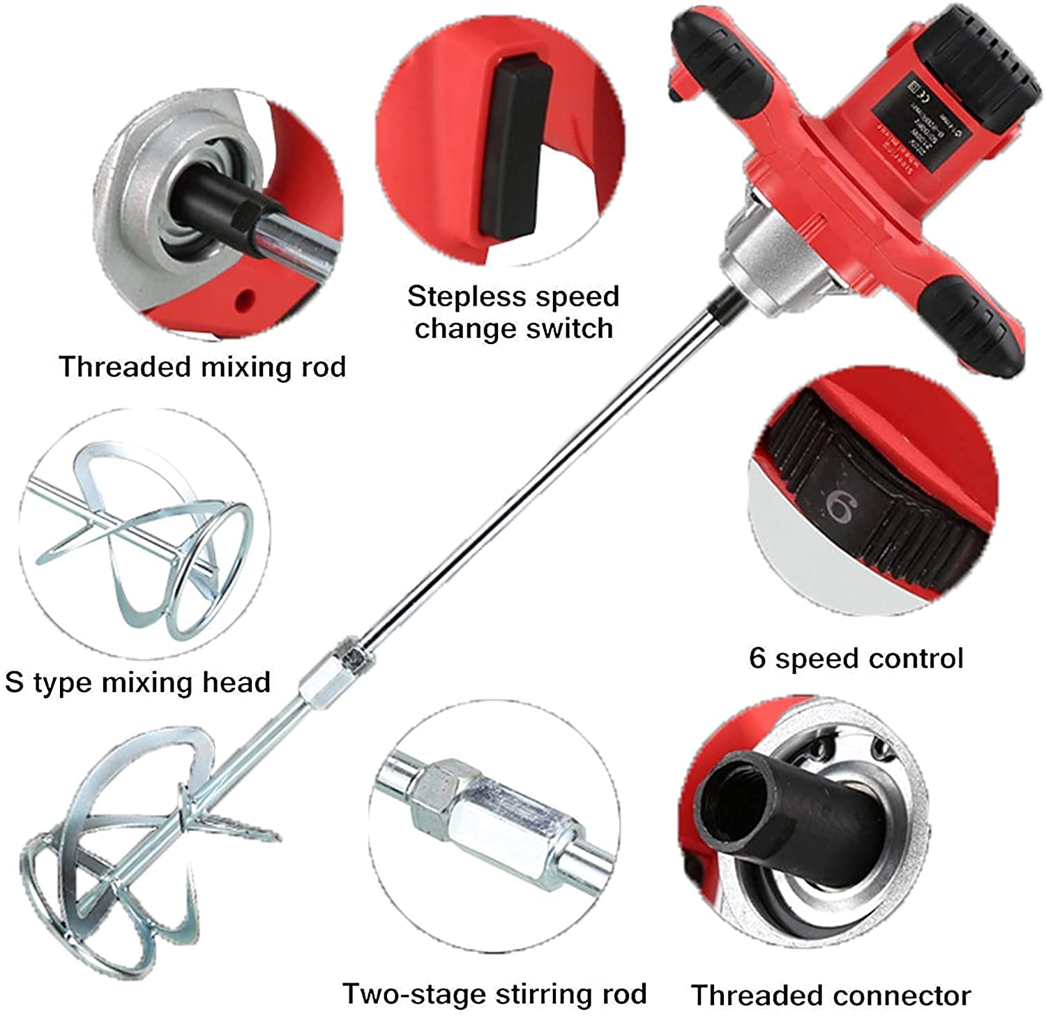 Mezclador de cemento portátil de 2100 W para taladro, mezclador de paleta ajustable de 6 velocidades, ideal para mortero, lechada, pintura, herramienta de agitación de alimentación de yeso rojo