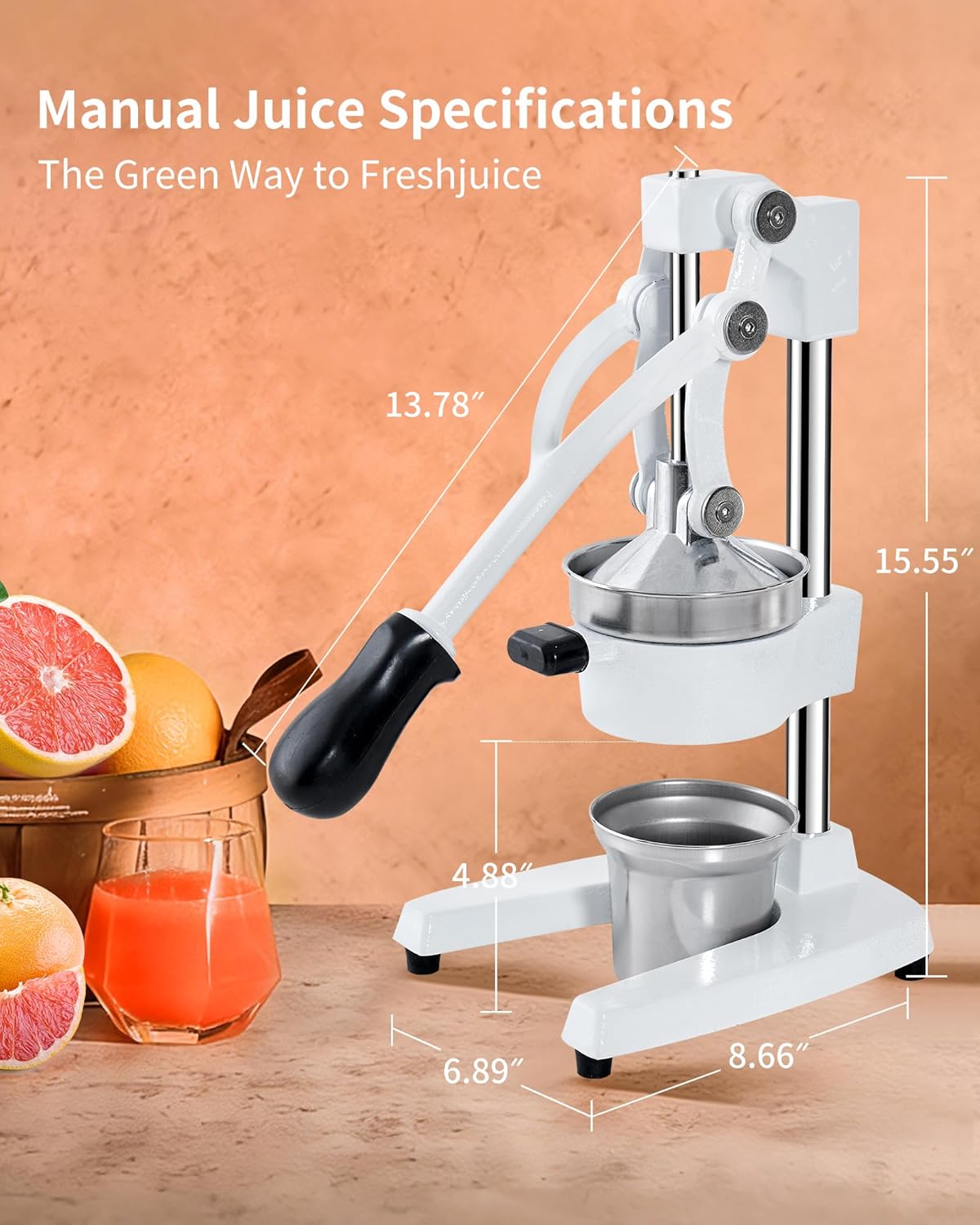 ZOZOE Cast Iron Juicer, Heavy Duty Manual Citrus Press with Stainless Steel Cup, Lemon Orange Squeezer, Professional Hand Press Juicer for Pomegranate, Grapefruit, Easy to Clean, White