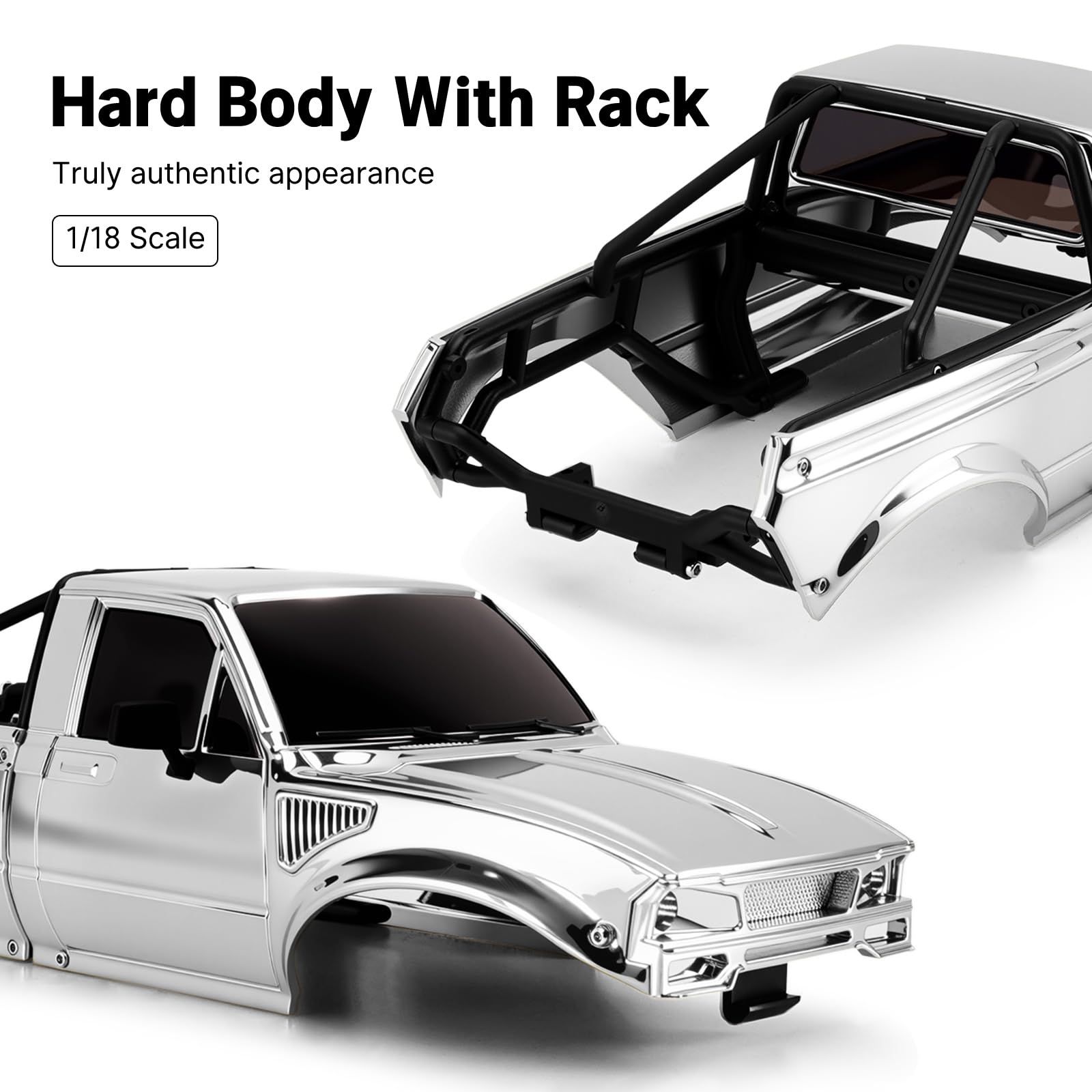 INJORA IR60 Pickup Carrozzeria Rigida con Barre di Carico per 1/18 RC Crawler TRX4M Defender Bronco (Cromo)