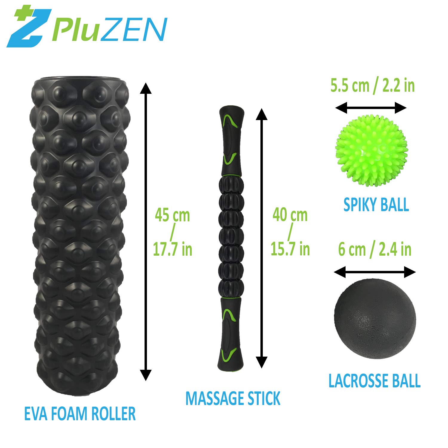 Kit complet de massage 4 en 1 | Rouleau mousse 45 cm avec couvercles et sangle de transport, bâton de massage 7 rouleaux, balle rigide lisse, balle à picots | Pour détente myofasciale, massage des tissus profonds et thérapie des points gâchettes | Détend