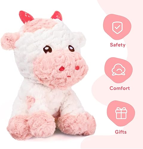 Miniatura 3 de MORCCO Peluche de vaca rosa, peluche de vaca esponjosa con cuernos en forma de fresa, lindos animales de peluche para niñas y niños pequeños,