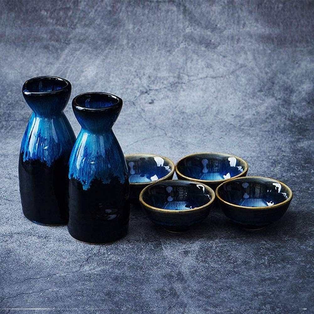 Sake-Set – 4 Keramik-Sake-Becher und 1 Topf, traditionelles Porzellan-Likör-Set, 5 Temperatur-Weingläser, ideal für Zuhause und Unterhaltung