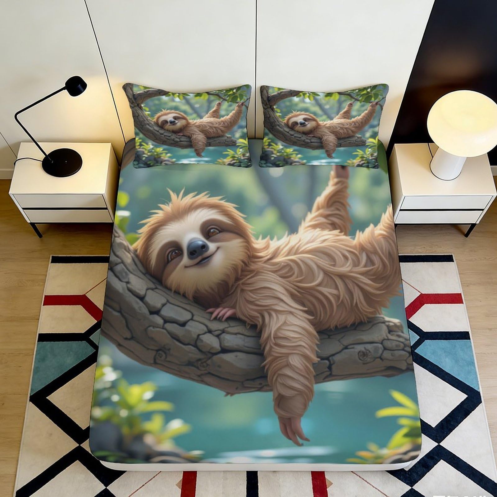 3D Printed Sloth Tree Branch Fitted Sheet Microfiber Non Slip Mattress Cover for Bedroom Guest Dorm Decor Washable 90x200x25cm
