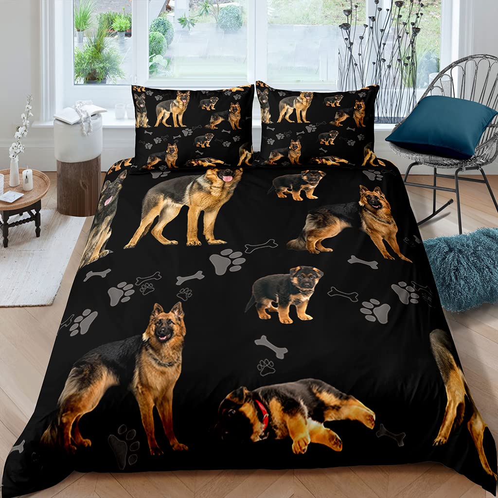 XPINGO German Shepherd Duvet Cover King 220x230 cm 3 Pieces Soft Easy Care Microfiber Bedding Set with Zipper Closure 3D Printed Retro Dog Comforter Cover with 2 Pillowcases 50x75 cm